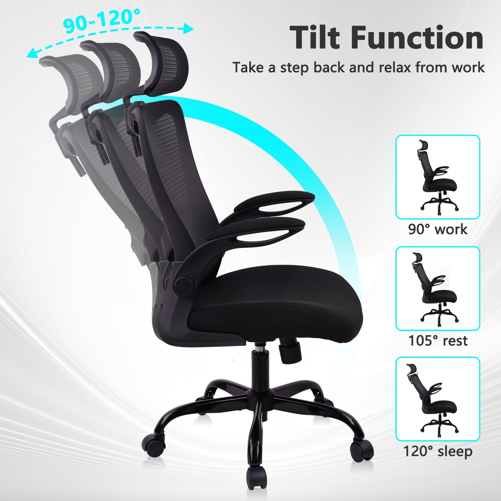 Heavy Duty Ergonomic Mesh Office Chair 400LBS, Big and Tall Desk Chair with Adjustable Lumbar Support & Headrest, Flip Up Padded Arms, Swivel Computer Chair for Home, Study, Conference, Black