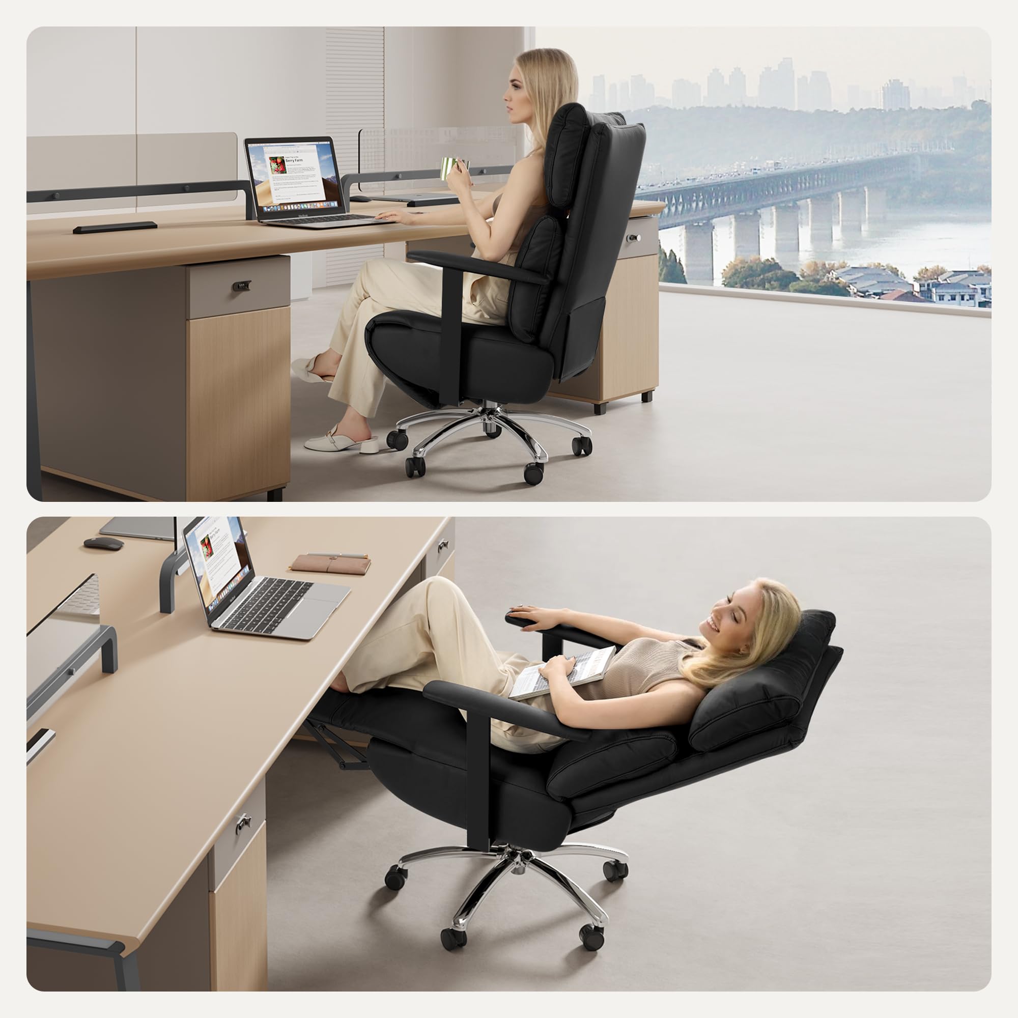 Reclining Office Chair with Adjustable Headrest and Footrest, 170° Ergonomic Comfortable Office Chair Zero Gravity, Leather Executive Home Office Desk Chair (Black)