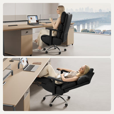 Reclining Office Chair with Adjustable Headrest and Footrest, 170° Ergonomic Comfortable Office Chair Zero Gravity, Leather Executive Home Office Desk Chair (Black)