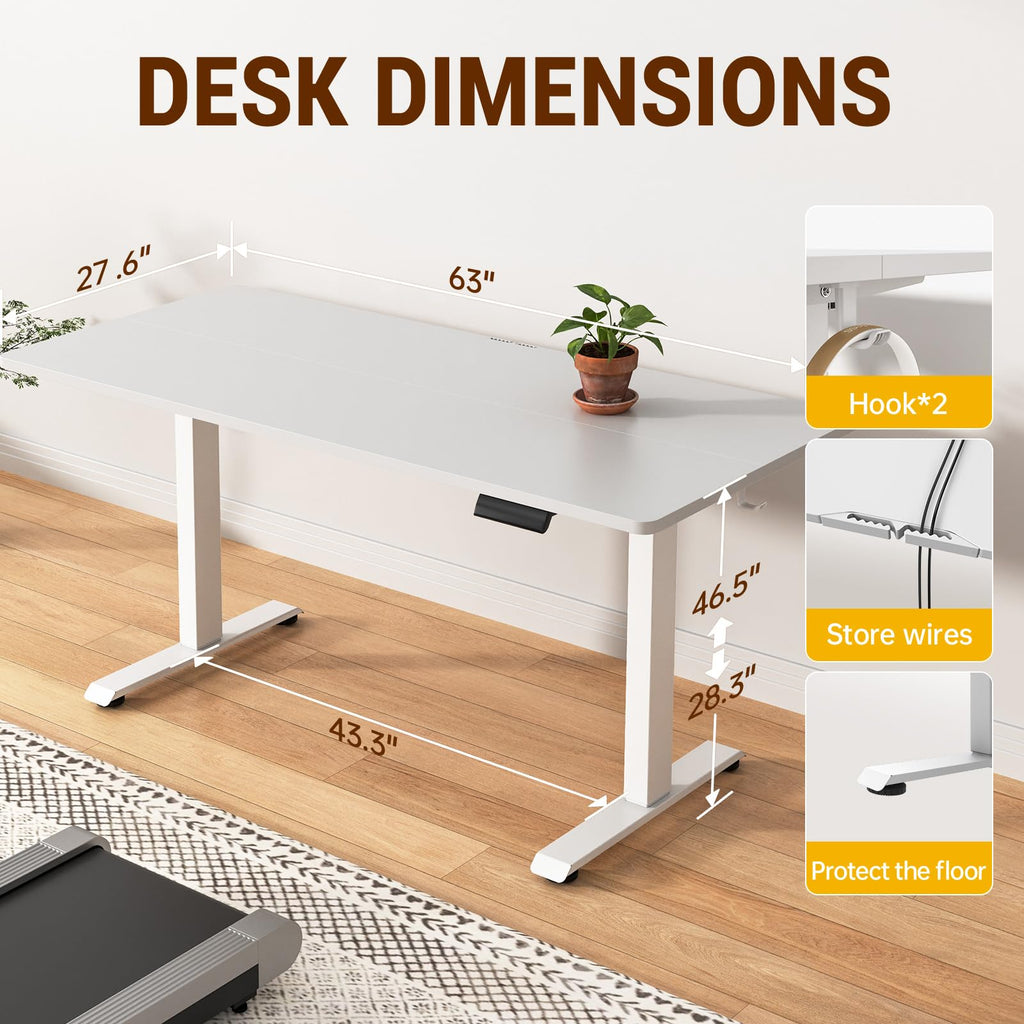 63x27.6 Inch Large Electric Standing Desk, Heights Adjustable,Sit to Stand Up, Work Home Office Computer Table for Walking Pad, Gifts for Dad, Wooden Desktop Desks, White