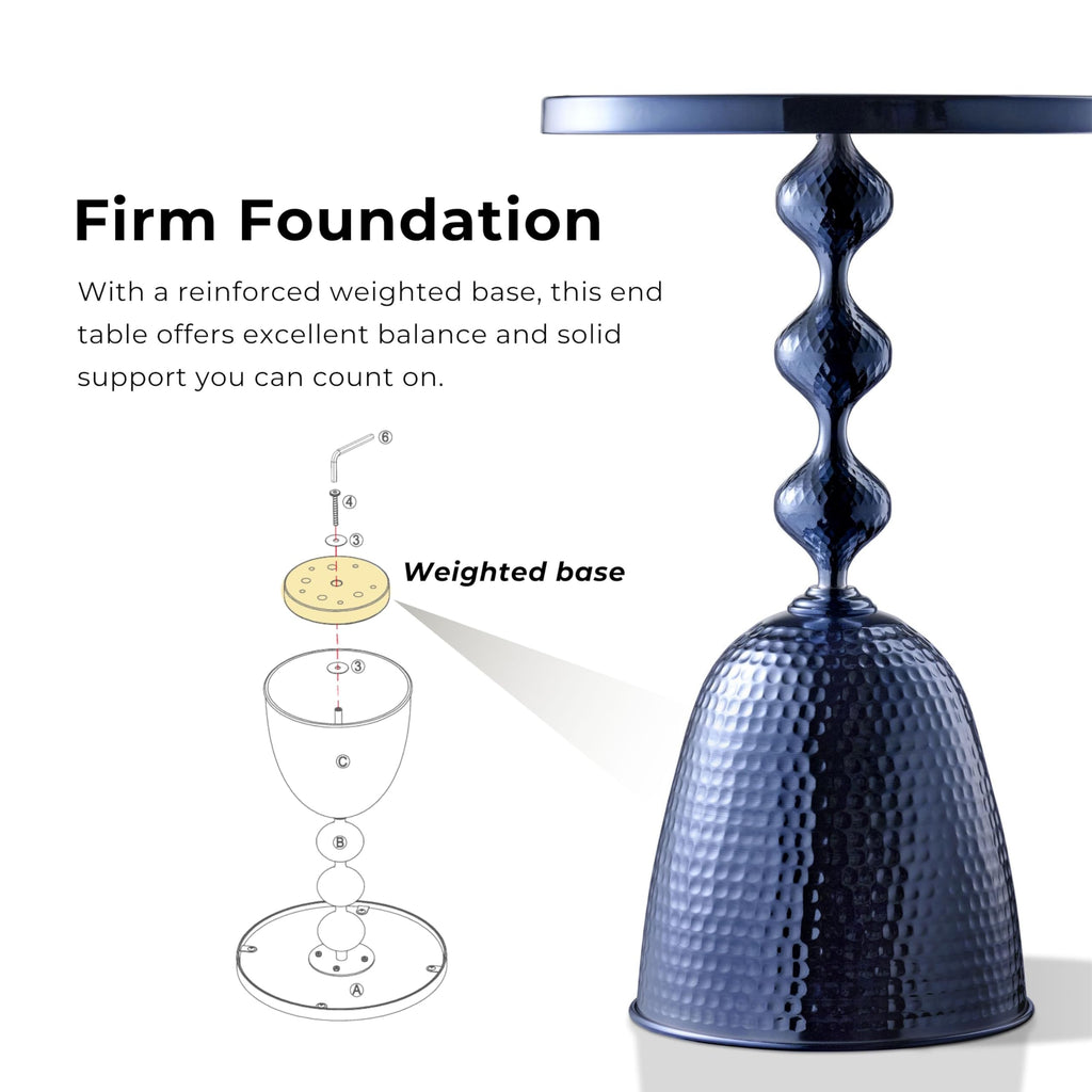 Modern 24" Tall Round End Table with Decorated Tabletop and Iron Metal Base, Accent Furniture, Elegant Pedestal Stand for Living Room, Home Office, Chrome Blue