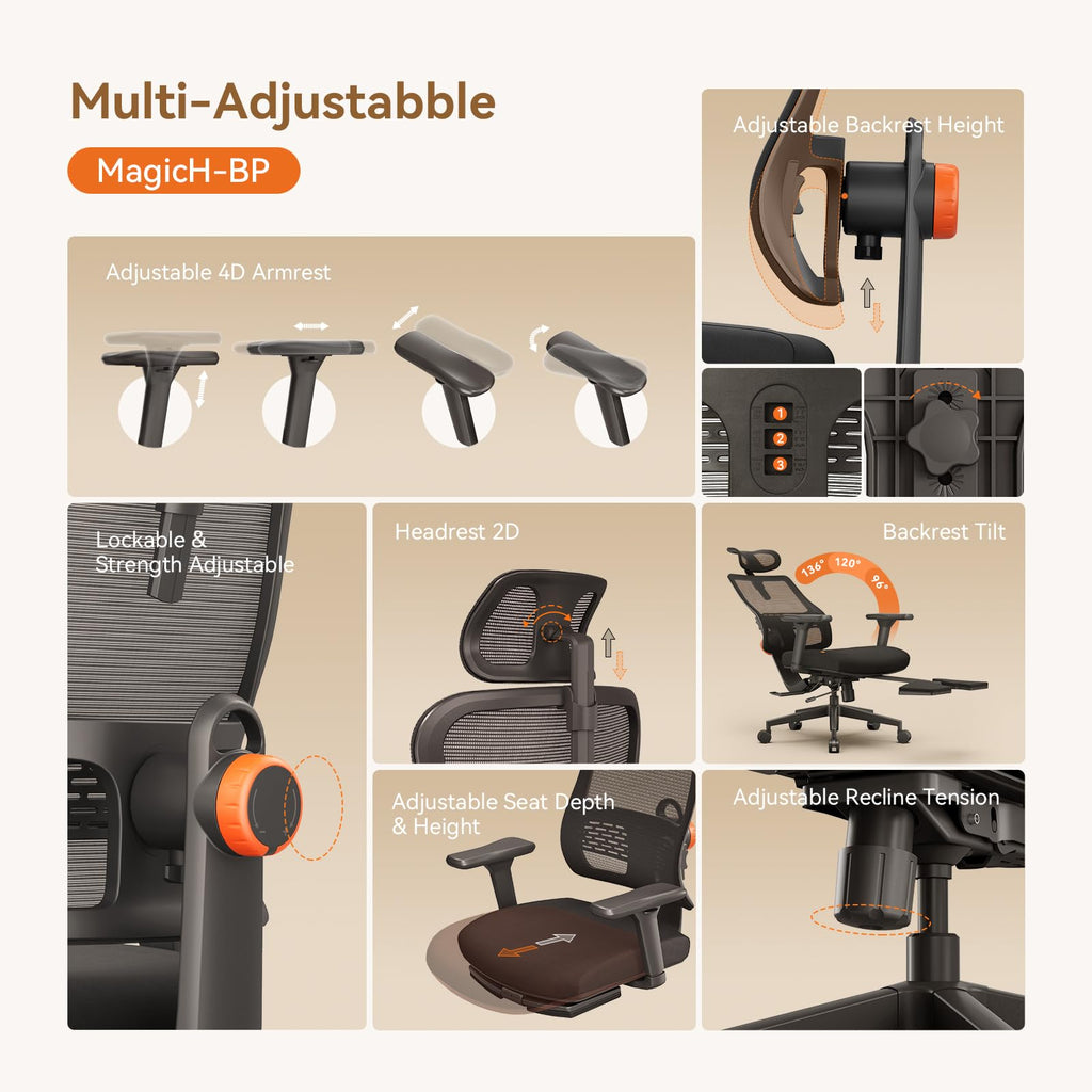 Office Chair Ergonomic with Footrest, Auto-Following Lumbar Support, High Back Desk Chair with 4D Armrest,136° Tilt Lock, Adjustable Seat Depth & Height (Upgrade with Laptop Tray, Black)