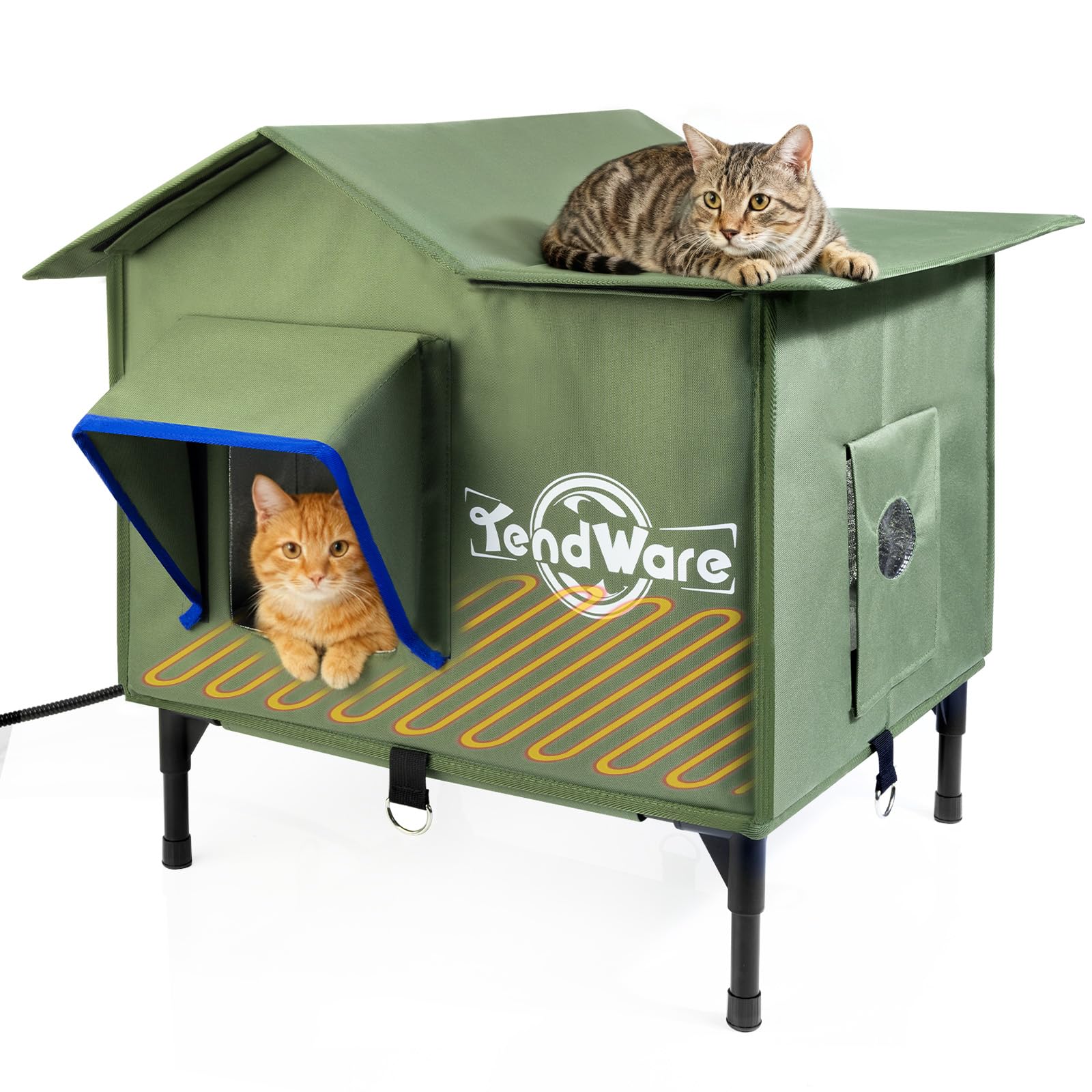 Outdoor Cat House Heated Cat House for Outside with Elevated Base Cat-Attracting Eave Design Feral Stray Shelter Weatherproof in Winter Garage Yard Porch