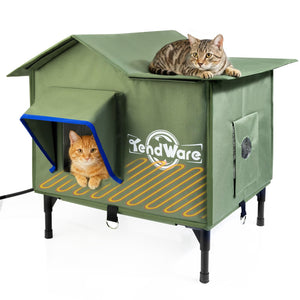 Outdoor Cat House Heated Cat House for Outside with Elevated Base Cat-Attracting Eave Design Feral Stray Shelter Weatherproof in Winter Garage Yard Porch