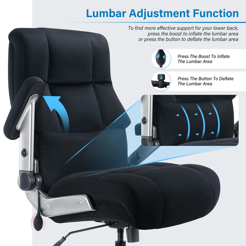 Big and Tall Office Chair 700lbs- Executive Desk Chair with Adjustable Lumbar Support 3D Flip UP Arms- Heavy Duty Quiet Wheels Metal Base Ergonomic Computer Chairs, Black