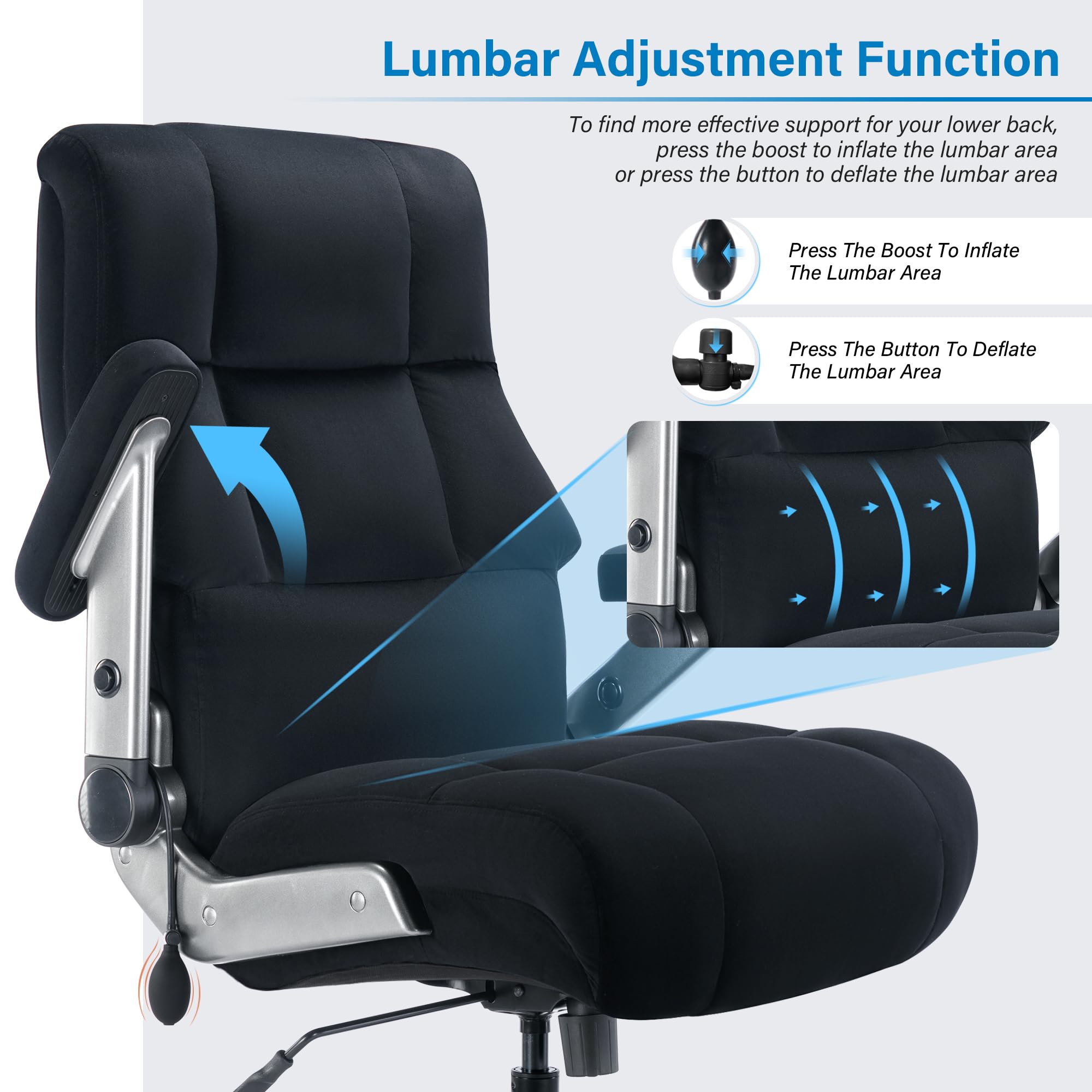 Big and Tall Office Chair 700lbs- Executive Desk Chair with Adjustable Lumbar Support 3D Flip UP Arms- Heavy Duty Quiet Wheels Metal Base Ergonomic Computer Chairs, Black