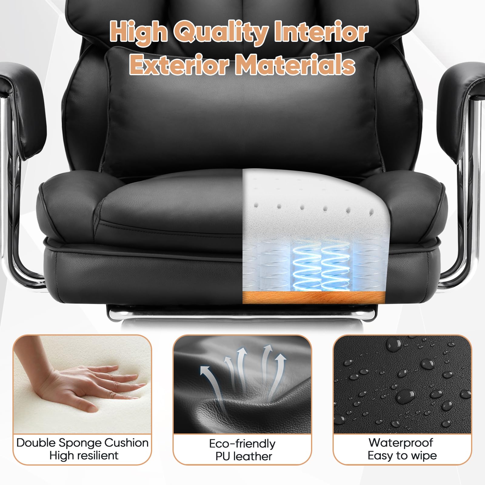 Executive Home Office Desk Chair - Ergonomic Big Tall High Back with Footrest & Lumbar Support, Reclining Height Adjustable, Comfy PU Leather Computer Gaming with Swivel Wheels, Black