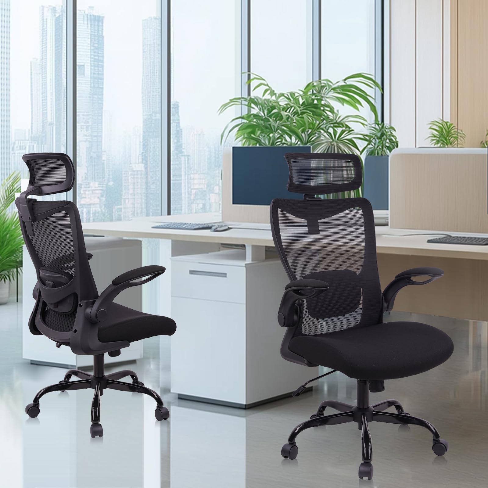 Heavy Duty Ergonomic Mesh Office Chair 400LBS, Big and Tall Desk Chair with Adjustable Lumbar Support & Headrest, Flip Up Padded Arms, Swivel Computer Chair for Home, Study, Conference, Black