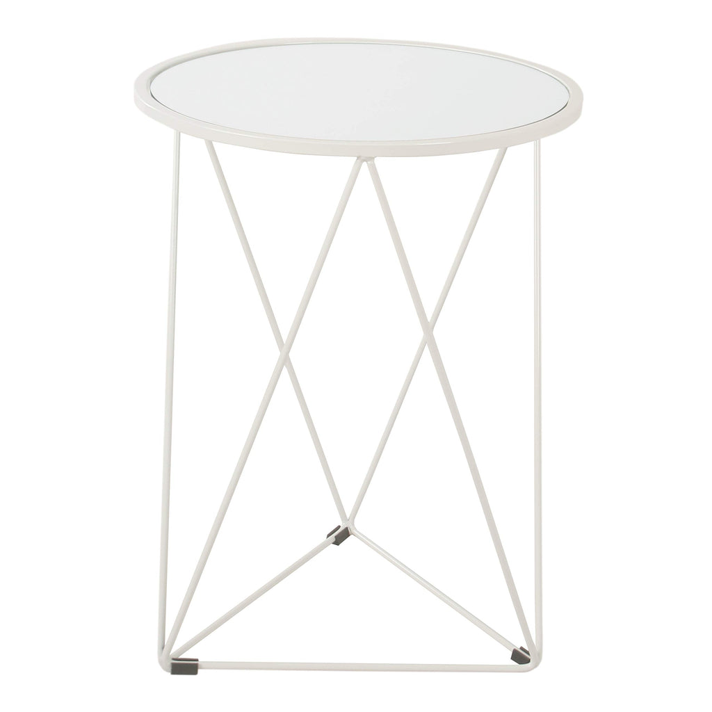 Metal Accent Table Triangle Base Round Mirror Top, White 18.24D x 24W x 18H in