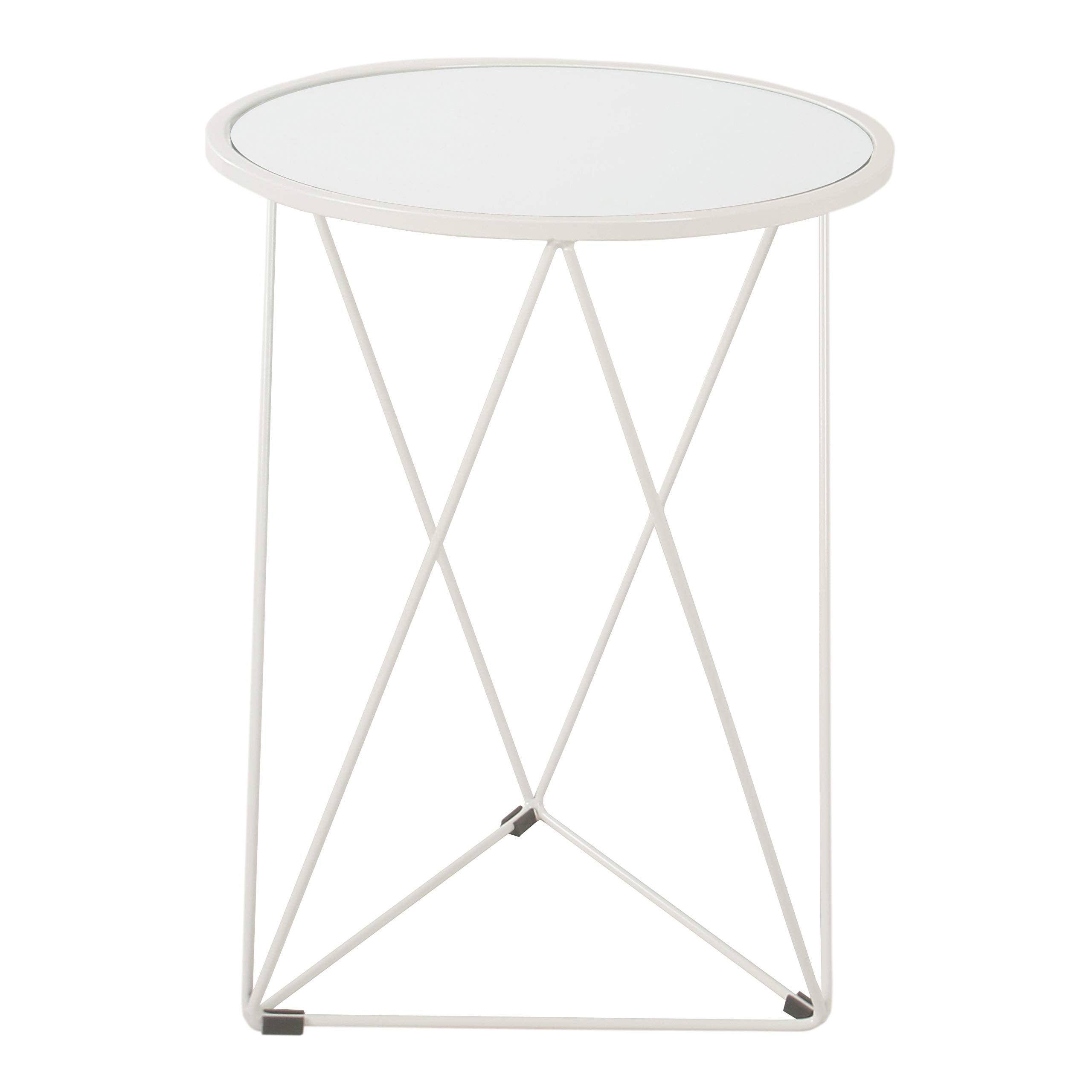 Metal Accent Table Triangle Base Round Mirror Top, White 18.24D x 24W x 18H in