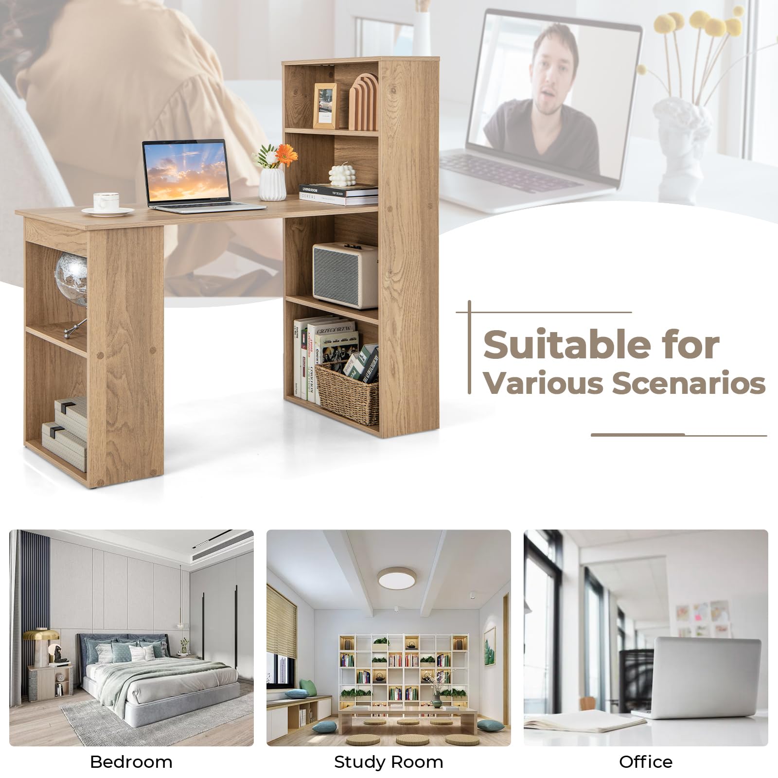 48 Inch Computer Desk with Bookshelf, 3-in-1 Home Office Desk with 4-Tier Bookcase & CPU Stand, Space-Saving Reversible Writing Desk Work Table for Bedroom, Study Room, Office (Natural)