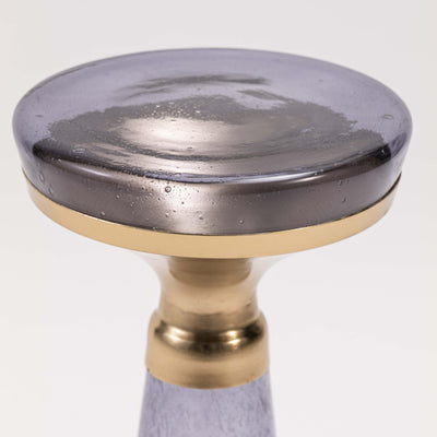Modern Decorative Round Drink Table with Glass Base and Top with Gold Metal Accent, Martini, Gold Pedestal Table, Tall Side Table, Small Space end Table, for Living Room & Bedroom, Purple,Assembled