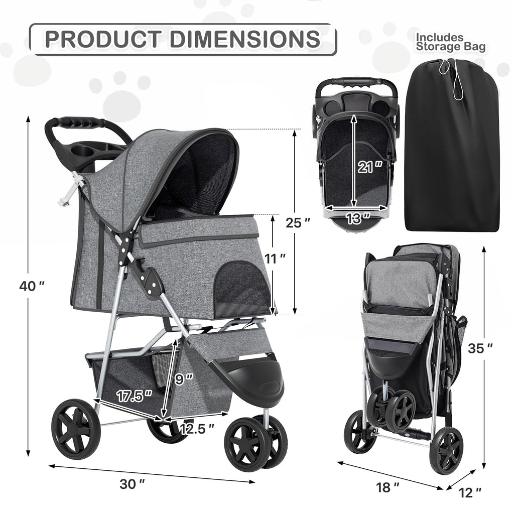 3 Wheels Pet Dog Cat Stroller for Small Medium Dogs and Cats, Lightweight Foldable Jogger Stroller w/Storage Basket and Cup Holder, Gray