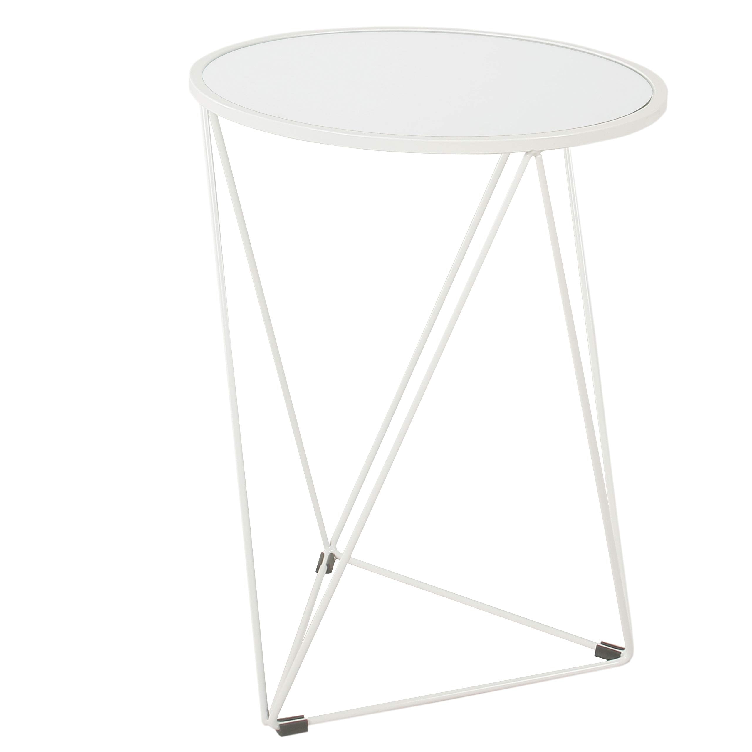 Metal Accent Table Triangle Base Round Mirror Top, White 18.24D x 24W x 18H in