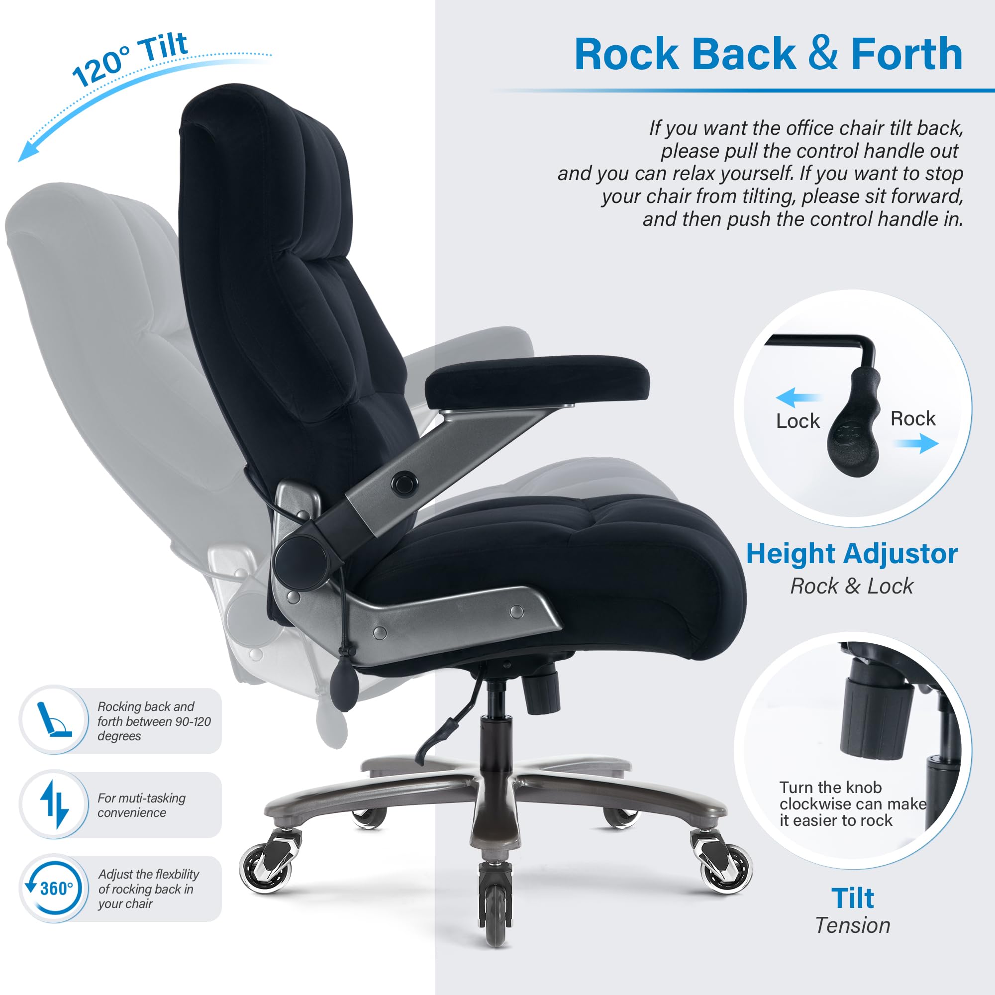 Big and Tall Office Chair 700lbs- Executive Desk Chair with Adjustable Lumbar Support 3D Flip UP Arms- Heavy Duty Quiet Wheels Metal Base Ergonomic Computer Chairs, Black