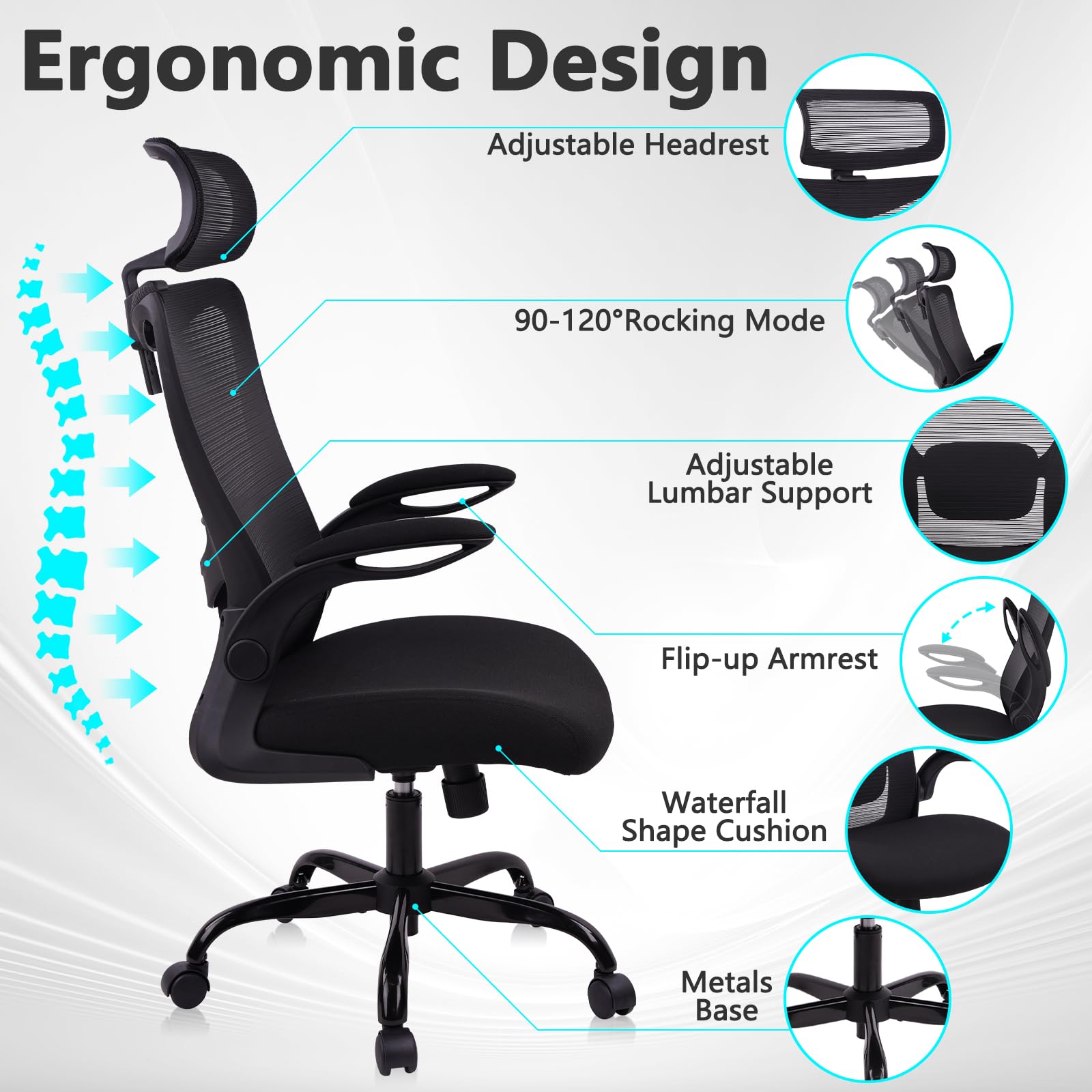 Heavy Duty Ergonomic Mesh Office Chair 400LBS, Big and Tall Desk Chair with Adjustable Lumbar Support & Headrest, Flip Up Padded Arms, Swivel Computer Chair for Home, Study, Conference, Black