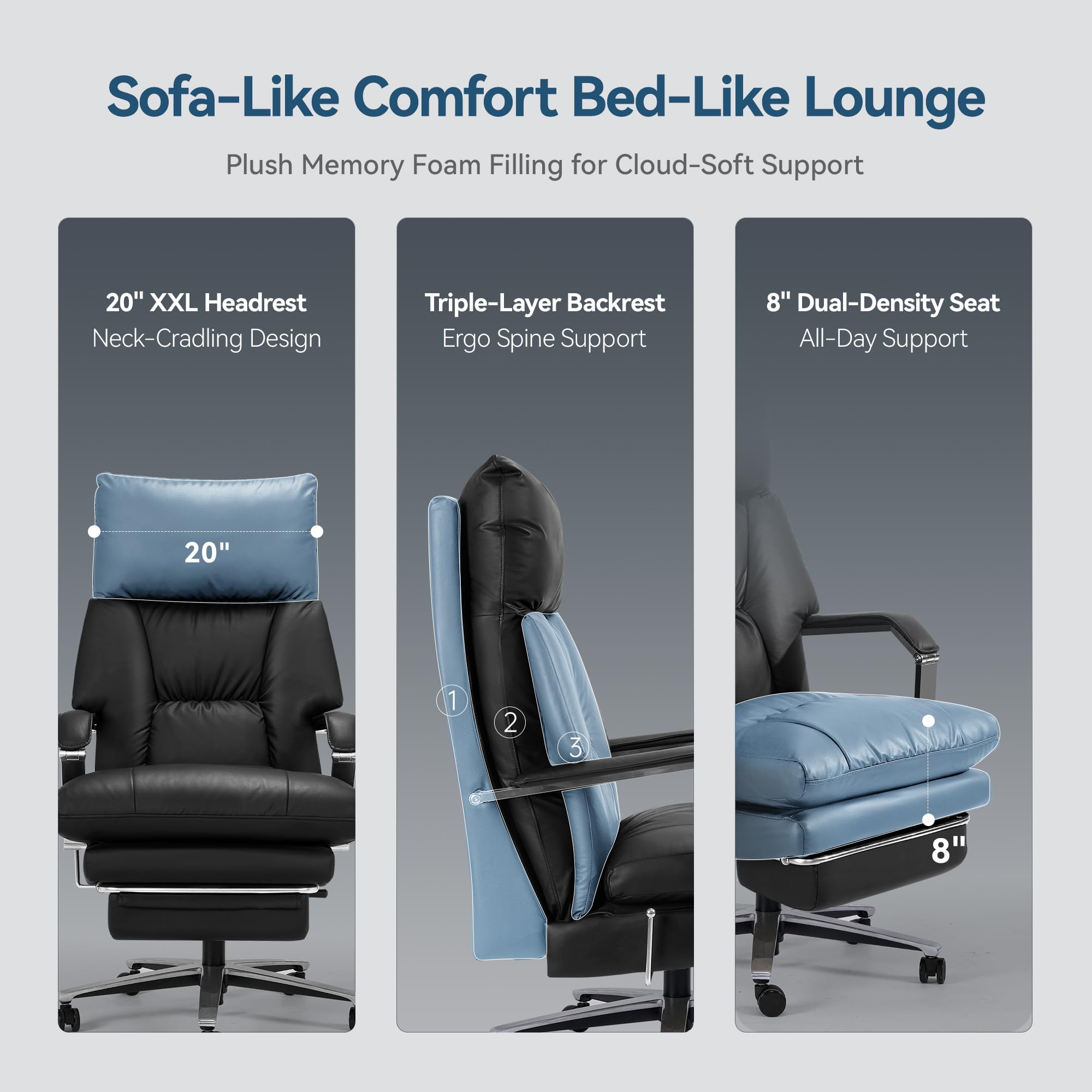 160° Reclining Office Chair with Footrest, 10" Thick Cloud Cushion Executive Desk Chair, Extra Wide Cross-Legged Ergonomic Chair for Big and Tall, Adjustable Seat Depth, Easy Assembly, Black