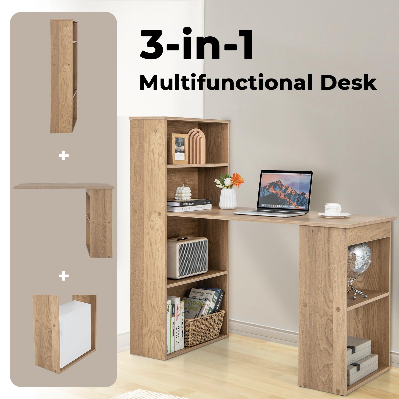 48 Inch Computer Desk with Bookshelf, 3-in-1 Home Office Desk with 4-Tier Bookcase & CPU Stand, Space-Saving Reversible Writing Desk Work Table for Bedroom, Study Room, Office (Natural)