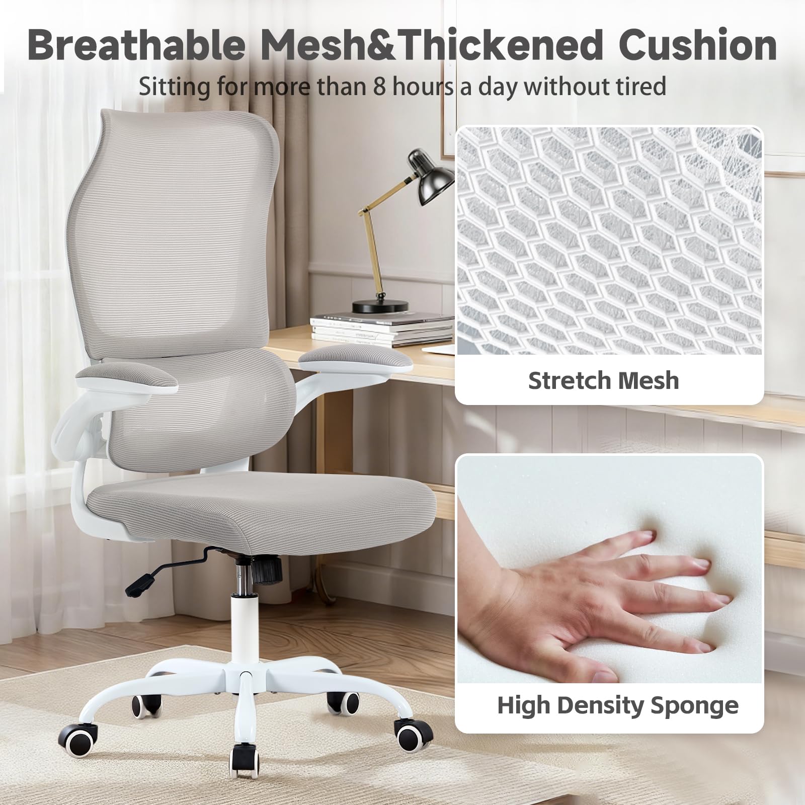 Ergonomic Office Chair with Adjustable Lumbar Support, Mesh Back, Flip-Up Arms, Rocking Mode with Tension Control, 300 lbs Weight Capacity, Black and White (White)