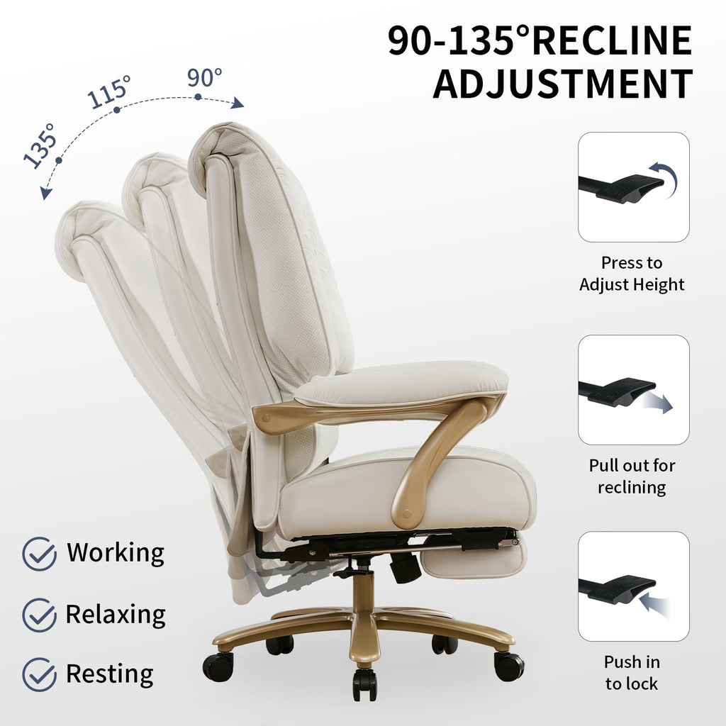 Big and Tall Executive Office Chair with Footrest, 400LBS Capacity Ergonomic High-Back Desk Office Chair with Lumbar Support, Padded Armrests & Thick Cushion, White PU Leather Chairs