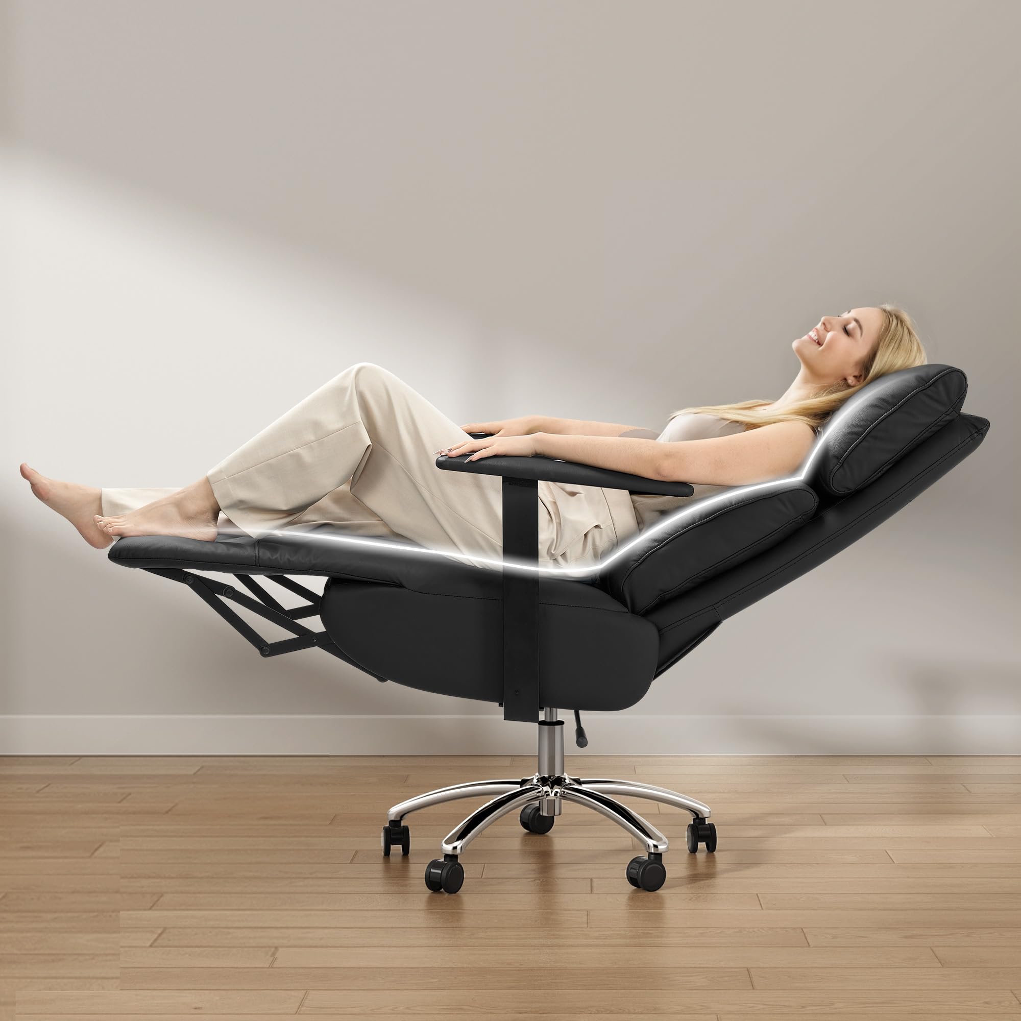 Reclining Office Chair with Adjustable Headrest and Footrest, 170° Ergonomic Comfortable Office Chair Zero Gravity, Leather Executive Home Office Desk Chair (Black)