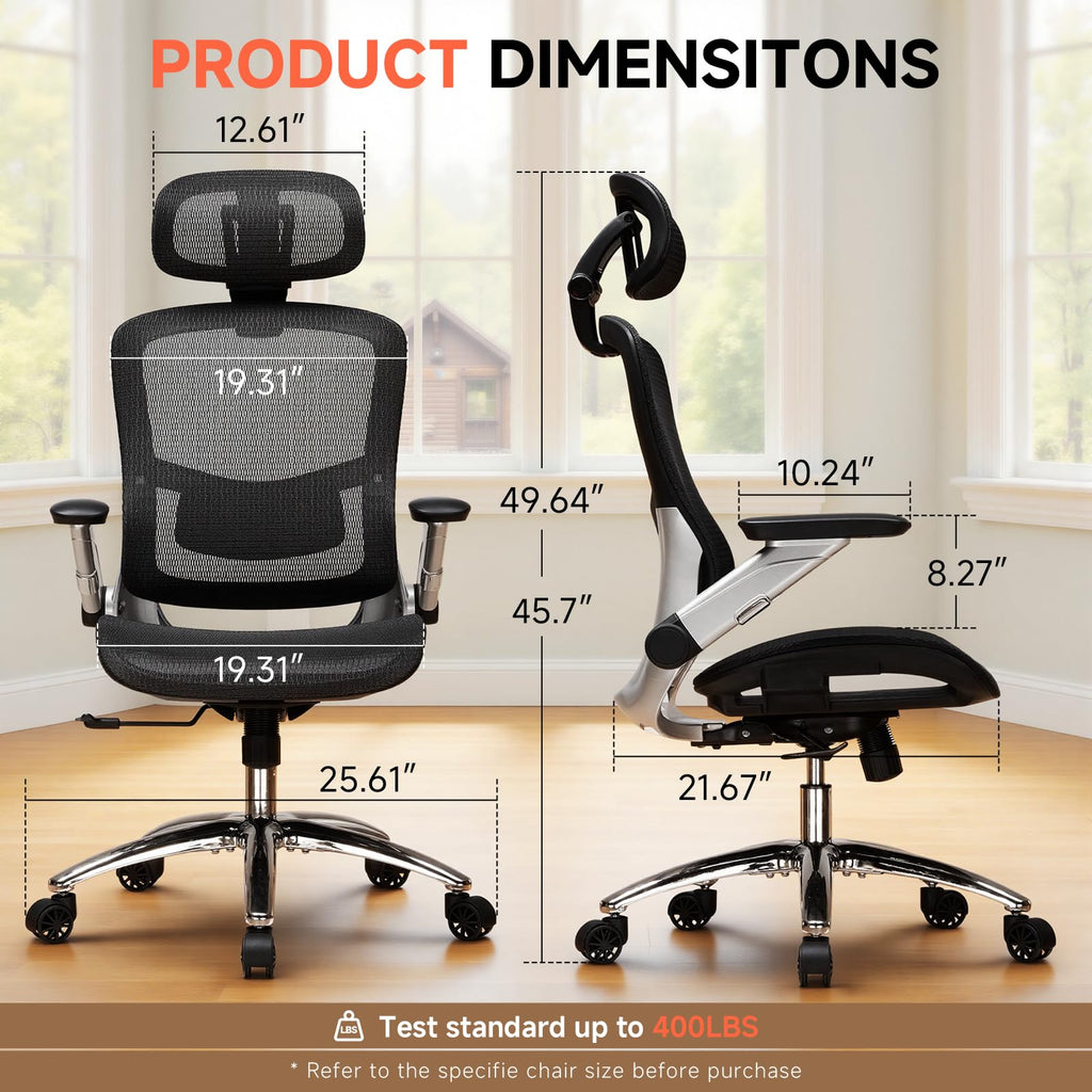 Big and Tall Ergonomic Mesh Office Chair, High Back Home Desk Chair Computer Gaming Chair with Headrest, Flip-Up Arms, 90-125° Tilt Lock and Wide Cushion, Task Chair for Man Woman-Deep Black