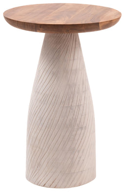 Modern Round Wood Accent Table with Carved Cone Base Solid Mango Wood Side Table for Living Room, Bedroom or Entryway White,Assembled