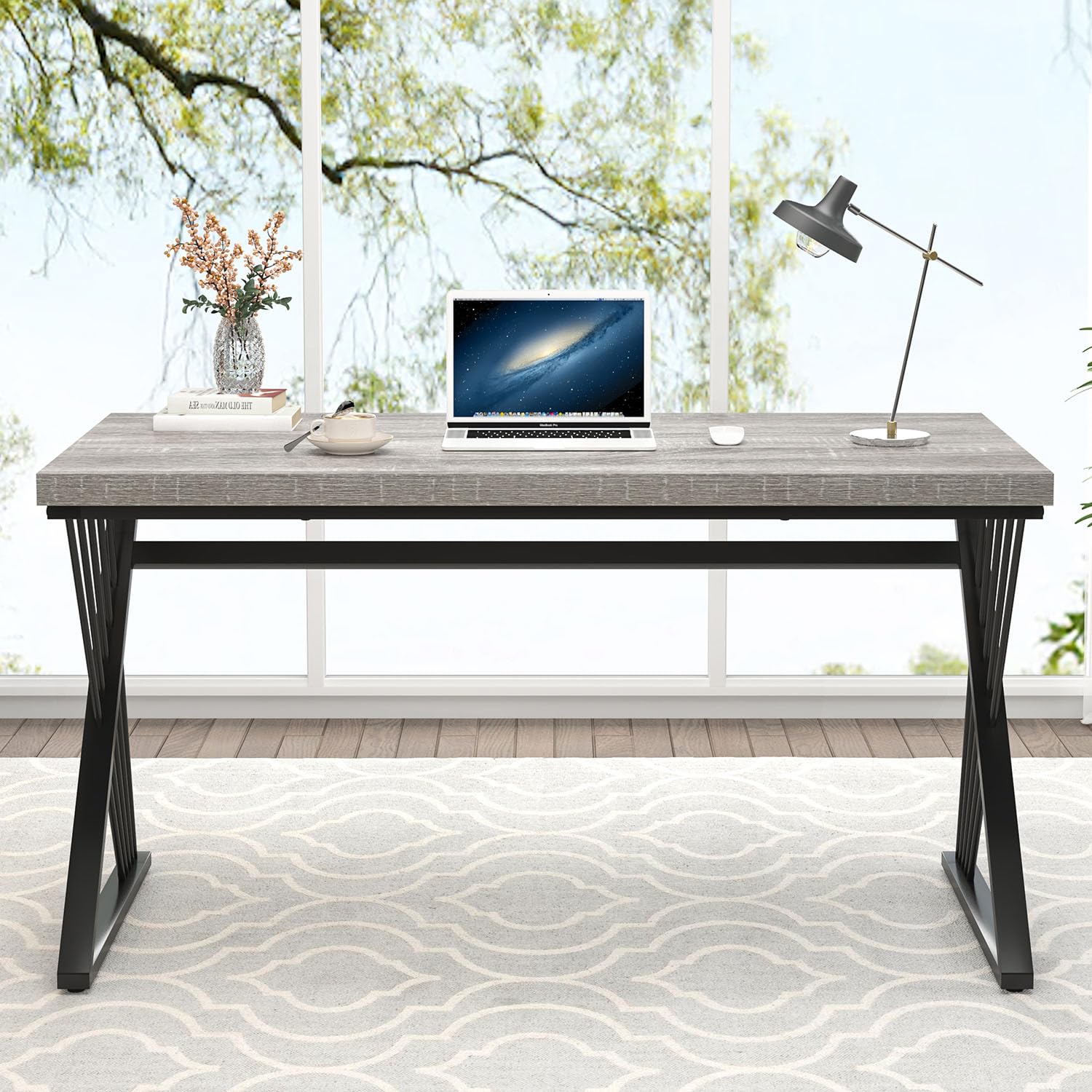 Modern Desk, Rustic Wood and Metal Computer Desk for Home Office, Simple Study Writing Gaming Table for Bedroom Living Room, Light Grey, 53 Inch