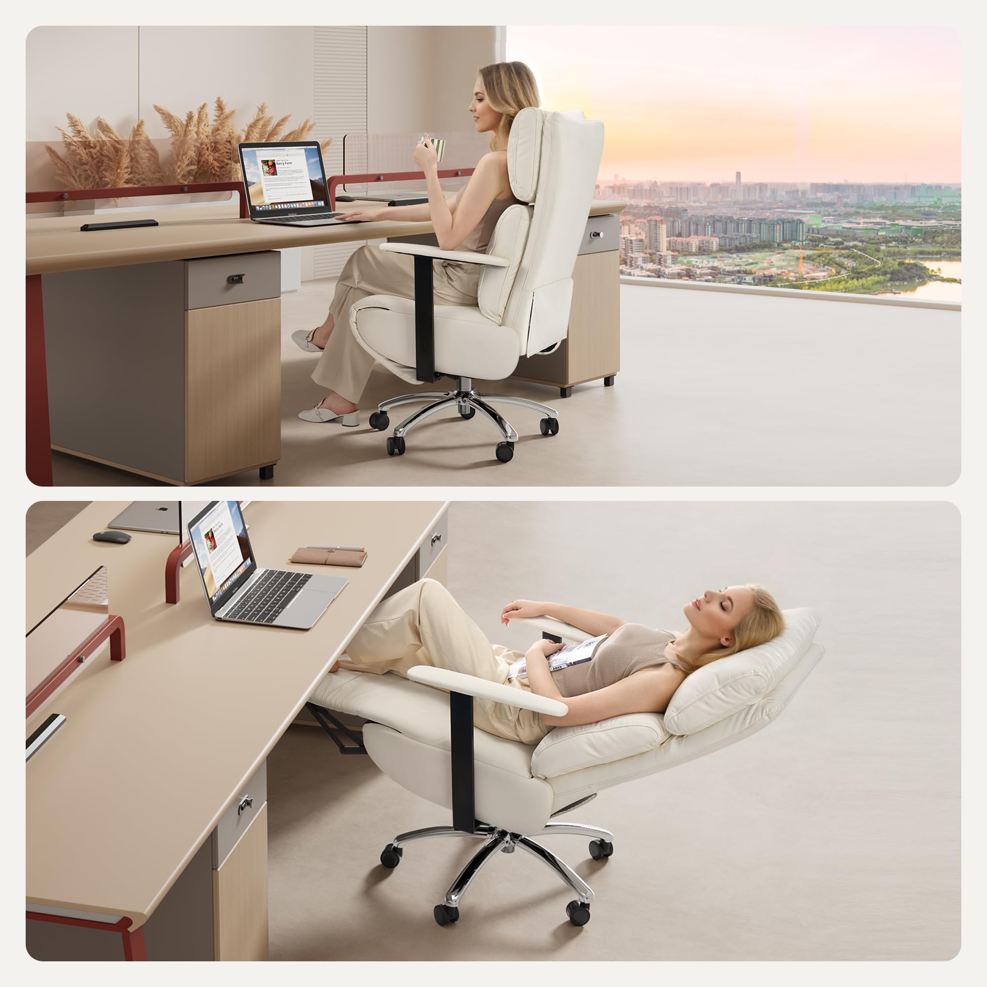 Reclining Office Chair with Adjustable Headrest and Footrest, 170° Ergonomic Comfortable Office Chair Zero Gravity, Leather Executive Home Office Desk Chair (Cream)