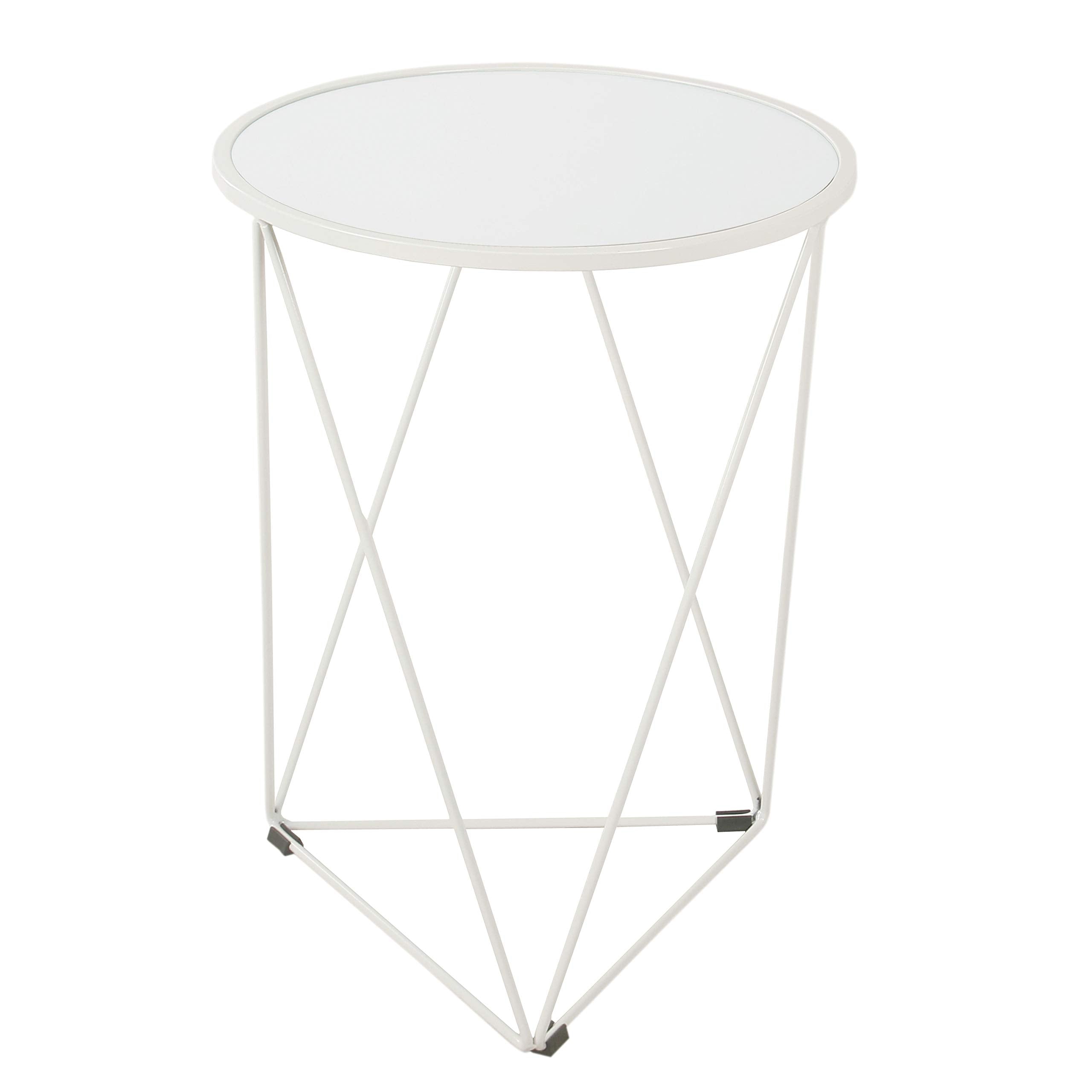 Metal Accent Table Triangle Base Round Mirror Top, White 18.24D x 24W x 18H in