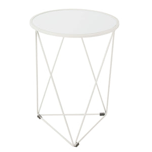Metal Accent Table Triangle Base Round Mirror Top, White 18.24D x 24W x 18H in
