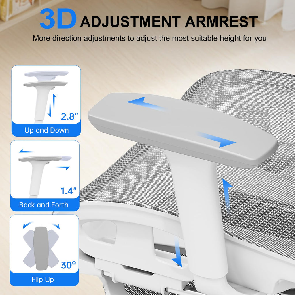 Ergonomic Mesh Office Chair, Home Desk Chair Comfy with Adjustable Lumbar Support 3D Headrest and Armrests, Reclining Big and Tall High Back Computer Gaming Chairs for Man Women, 350lbs Grey