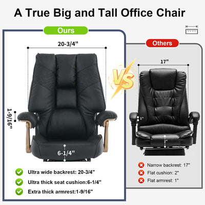 Big and Tall Executive Office Chair with Footrest, 400LBS Capacity Ergonomic High-Back Desk Office Chair with Lumbar Support, Padded Armrests & Thick Cushion, Black PU Leather Chairs