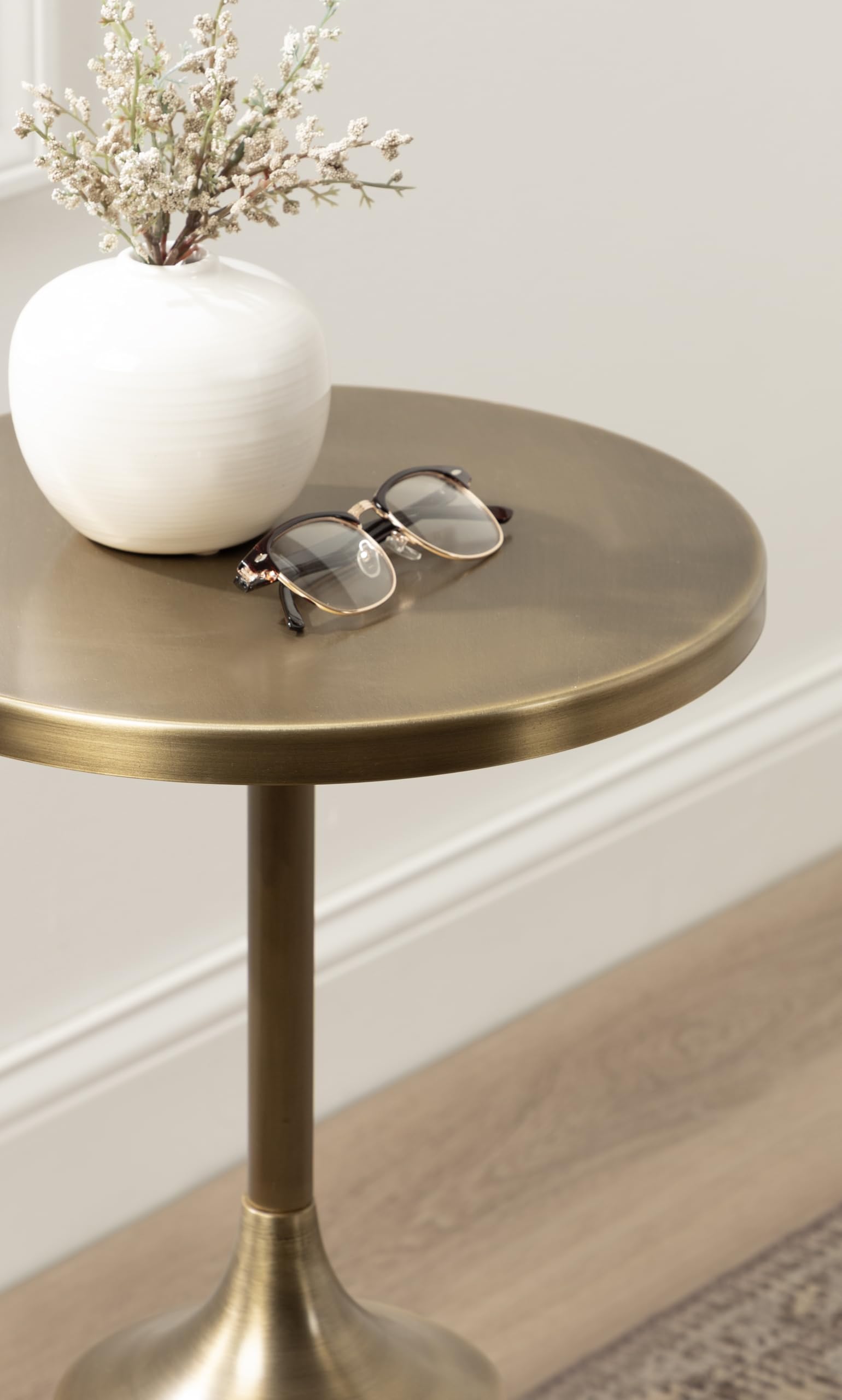 Whelan Modern Metal Round Side Table, 14 x 14 x 24, Antique Brass and Walnut Brown, Transitional Sculptural Indoor Plant Stand for Living Room End Table or Bedroom Nightstand