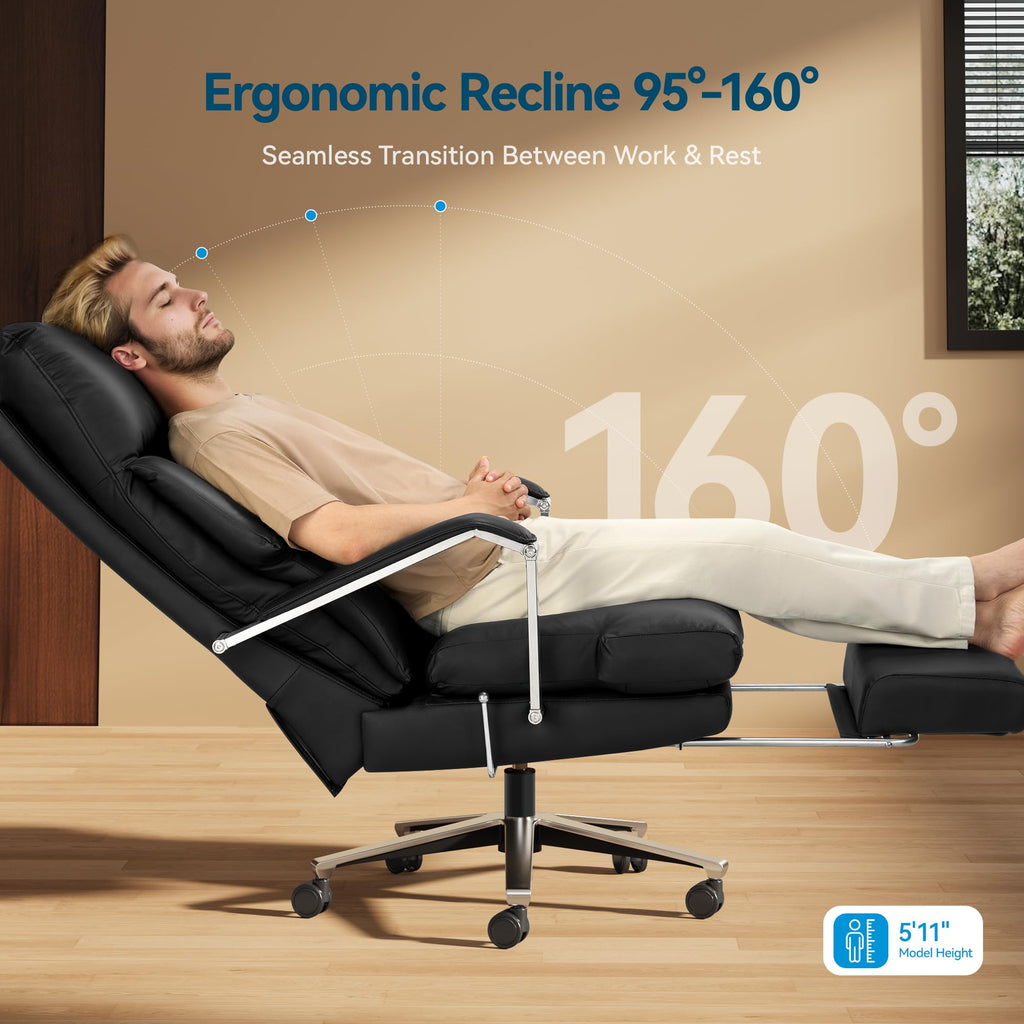 160° Reclining Office Chair with Footrest, 10" Thick Cloud Cushion Executive Desk Chair, Extra Wide Cross-Legged Ergonomic Chair for Big and Tall, Adjustable Seat Depth, Easy Assembly, Black