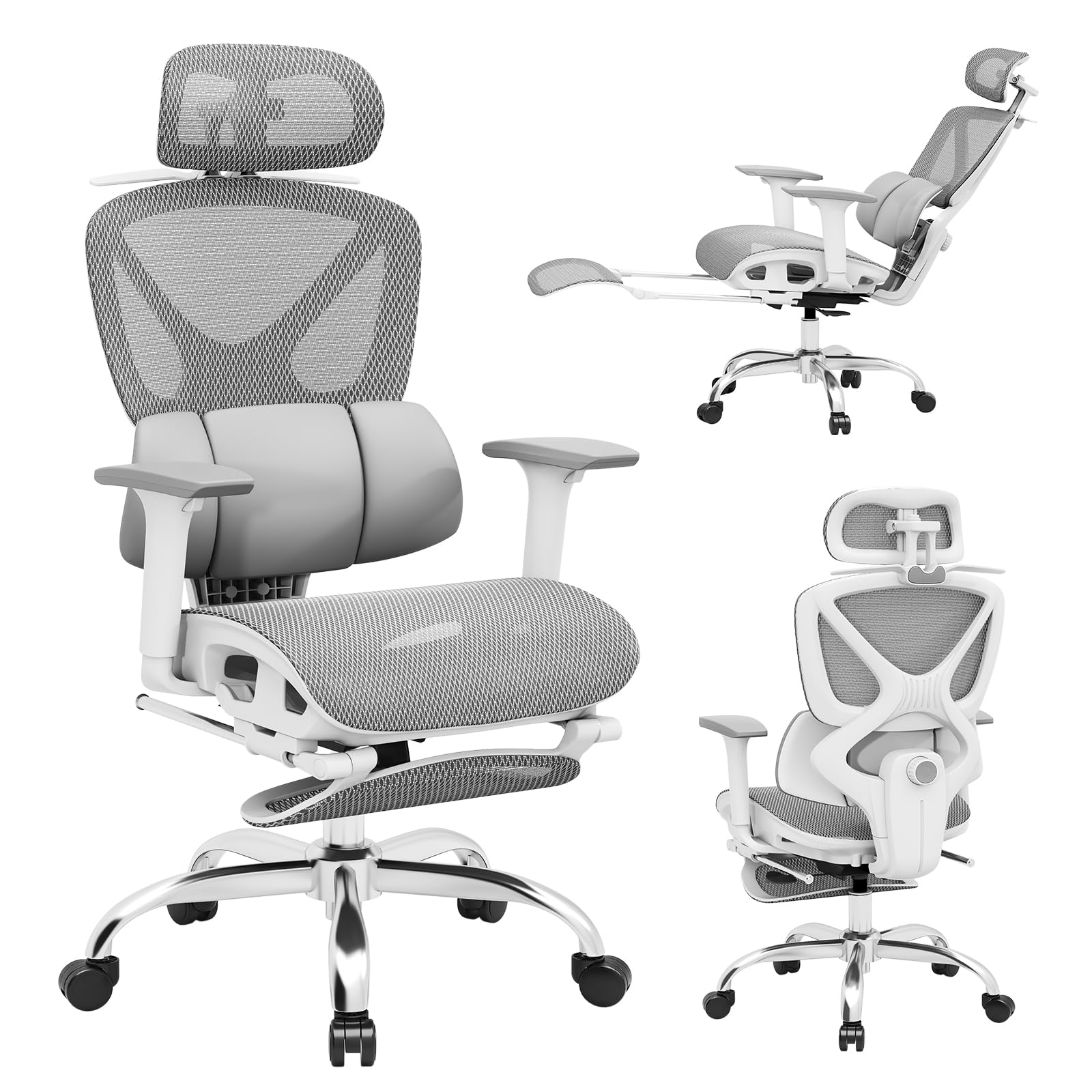 Ergonomic Mesh Office Chair, Home Desk Chair Comfy with Adjustable Lumbar Support 3D Headrest and Armrests, Reclining Big and Tall High Back Computer Gaming Chairs for Man Women, 350lbs Grey