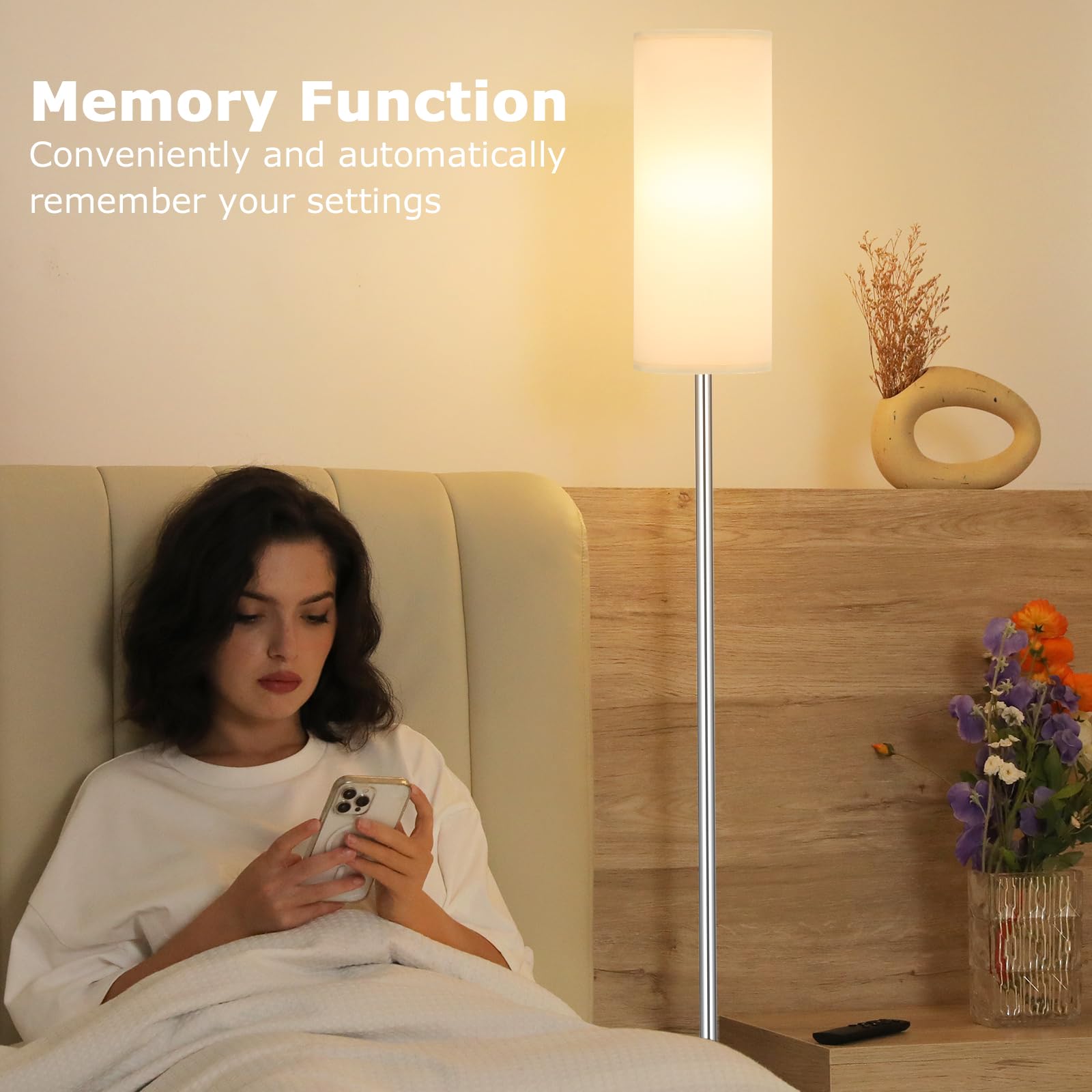 64'' Floor Lamps for Living Room with Remote Control and Stepless Dimmable Colors Temperature & Brightness, 9W Bulb Included(White Lampshade & Silver Pole)