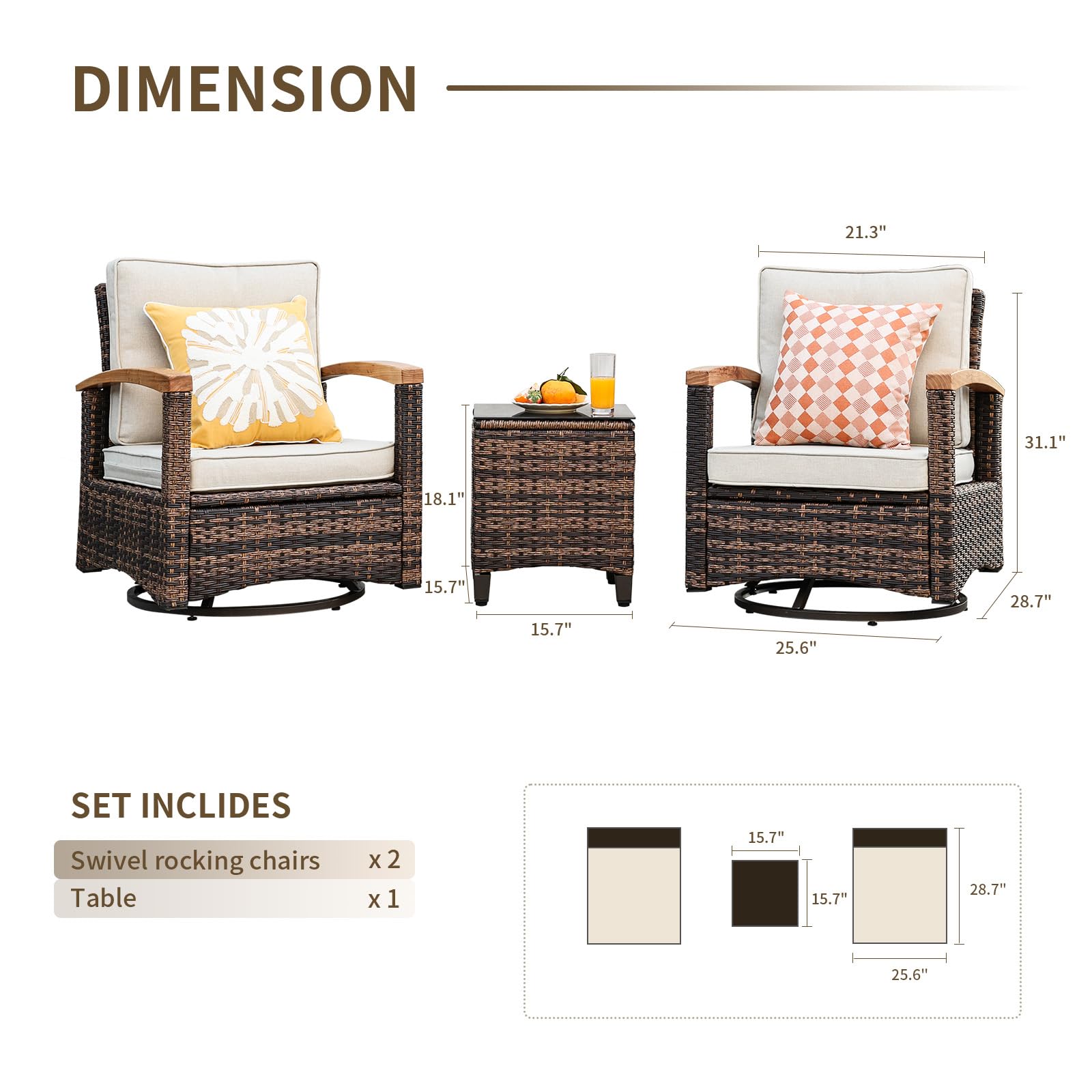 3 Piece Outdoor Swivel Rocker(Brown)