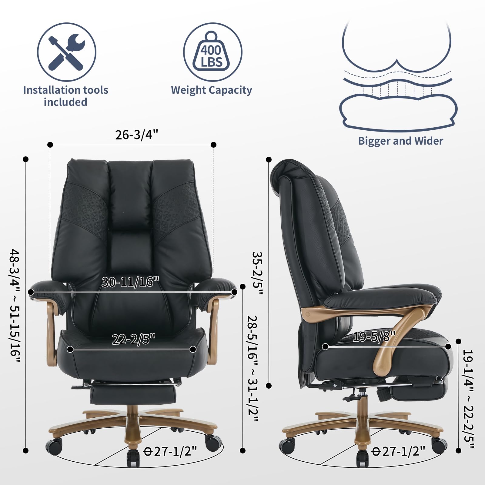 Big and Tall Executive Office Chair with Footrest, 400LBS Capacity Ergonomic High-Back Desk Office Chair with Lumbar Support, Padded Armrests & Thick Cushion, Black PU Leather Chairs