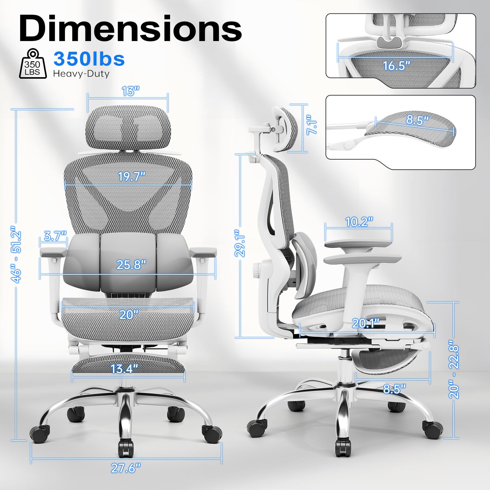 Ergonomic Mesh Office Chair, Home Desk Chair Comfy with Adjustable Lumbar Support 3D Headrest and Armrests, Reclining Big and Tall High Back Computer Gaming Chairs for Man Women, 350lbs Grey