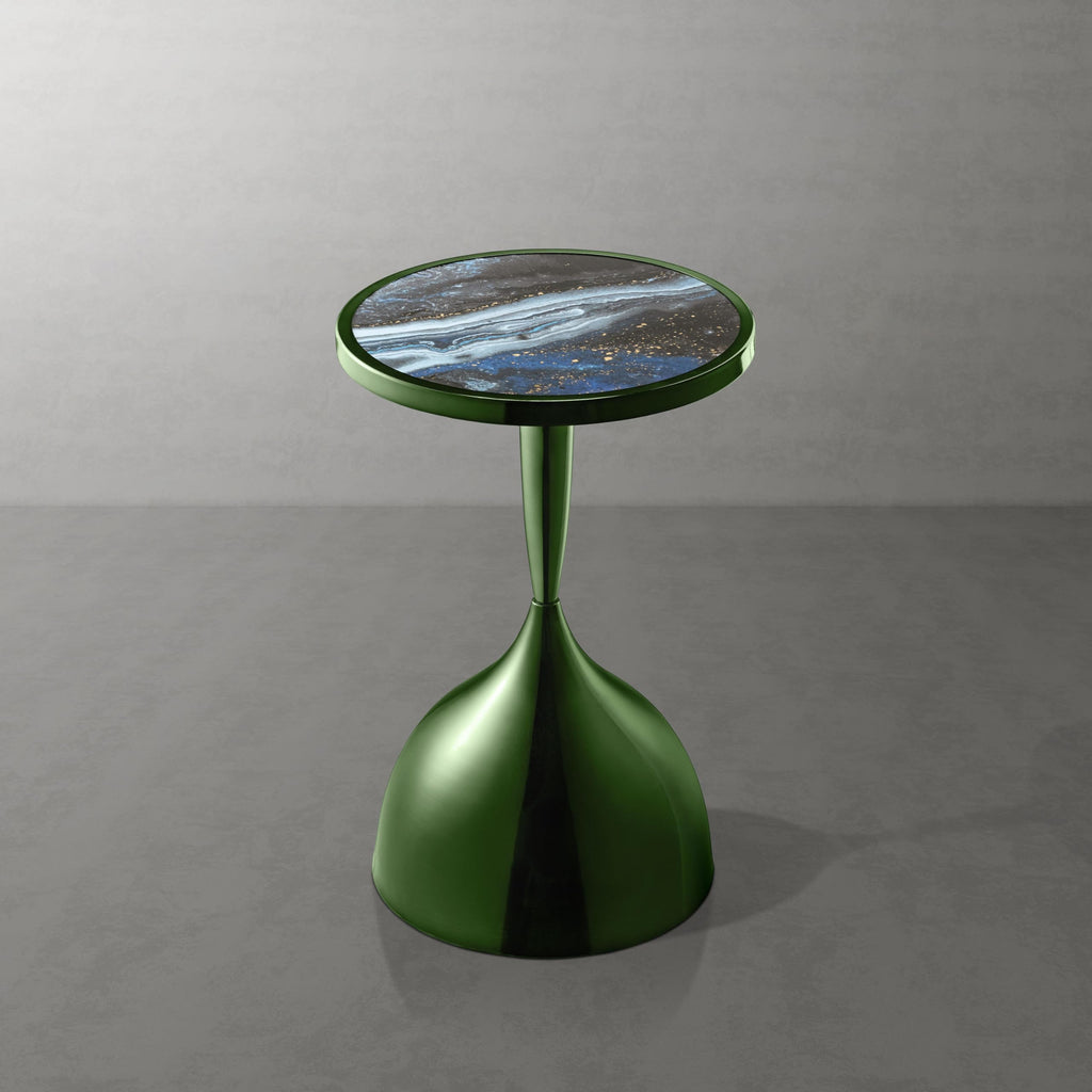 Modern 24" Tall Round End Table with Decorated Tabletop and Iron Metal Base, Accent Furniture, Elegant Pedestal Stand for Living Room, Home Office, Chrome Green