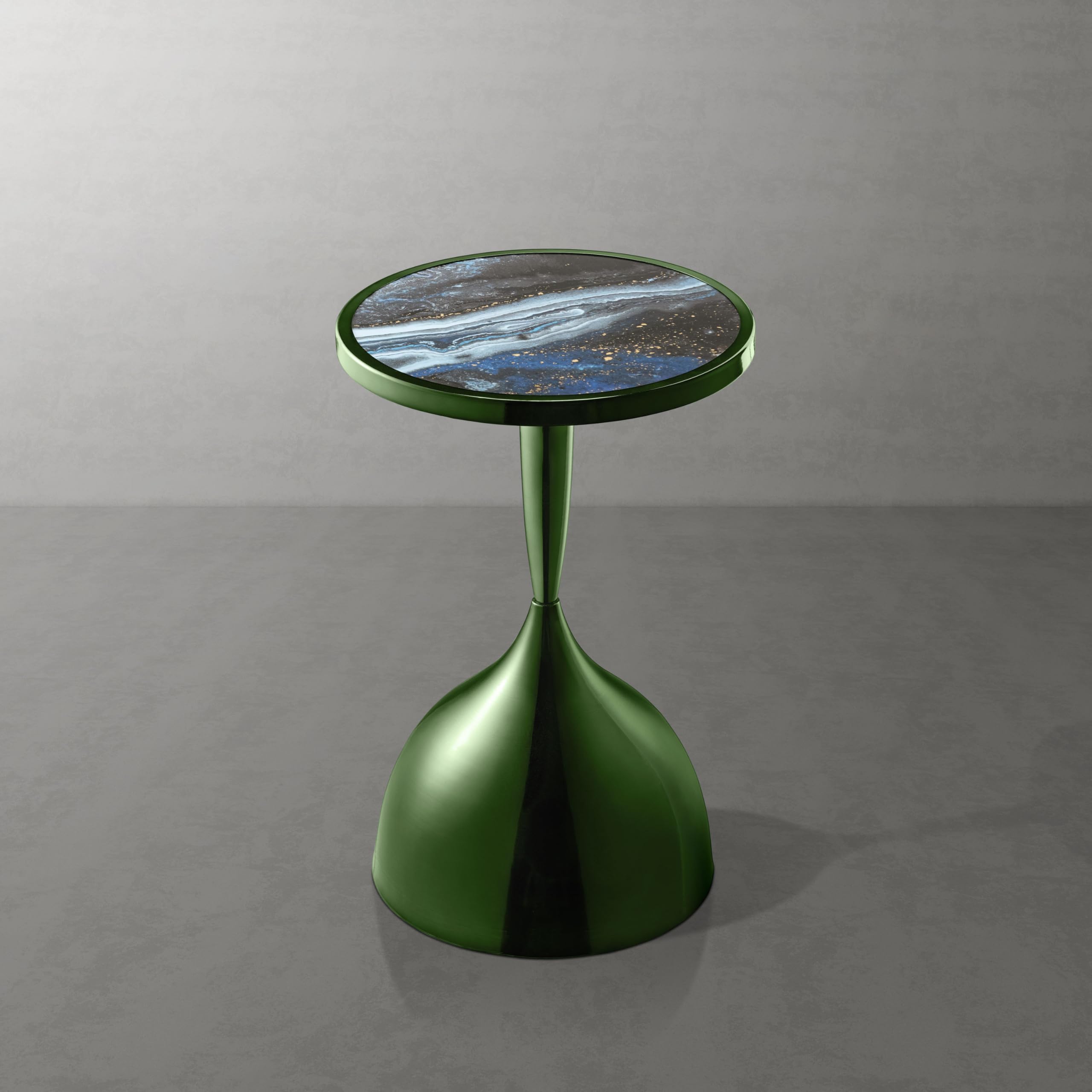 Modern 24" Tall Round End Table with Decorated Tabletop and Iron Metal Base, Accent Furniture, Elegant Pedestal Stand for Living Room, Home Office, Chrome Green