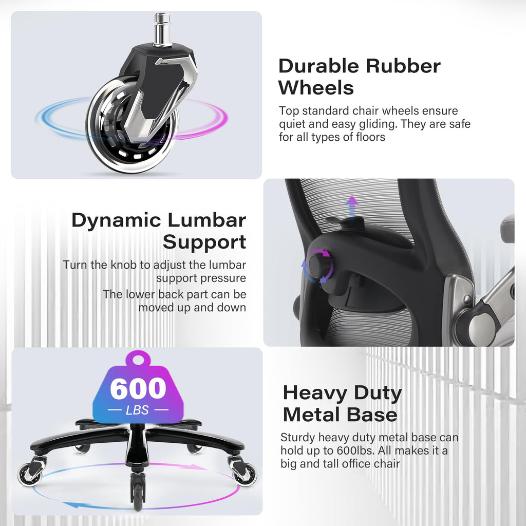 600lbs Big and Tall Office Chair- Heavy Duty Executive Computer Chair with 3D Flip Arms Large Wheels, Ergonomic Mesh High Back Desk Chair, Extra Wide Seat Adjustable Lumbar Support&Headrest