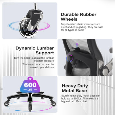 600lbs Big and Tall Office Chair- Heavy Duty Executive Computer Chair with 3D Flip Arms Large Wheels, Ergonomic Mesh High Back Desk Chair, Extra Wide Seat Adjustable Lumbar Support&Headrest