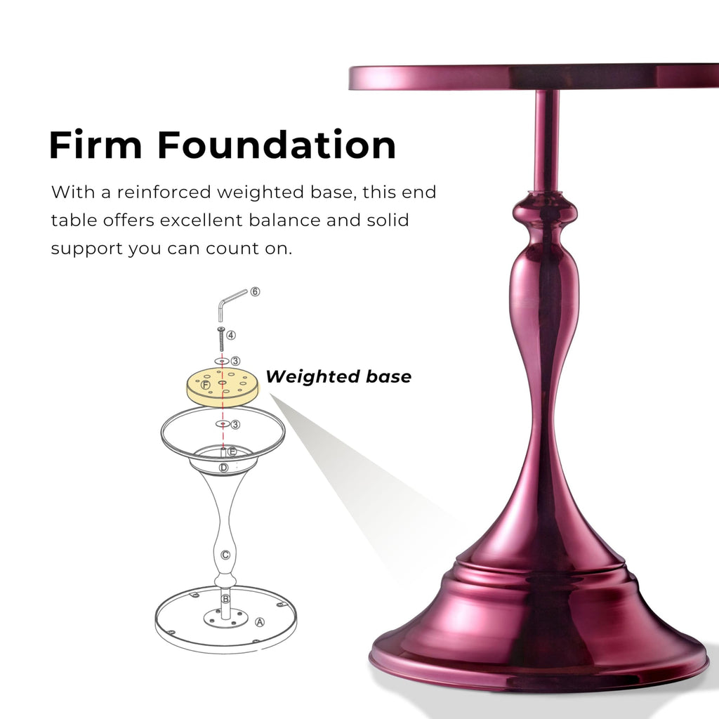 Modern 24" Tall Round End Table with Decorated Tabletop and Iron Metal Base, Accent Furniture, Elegant Pedestal Stand for Living Room, Home Office, Chrome Purple