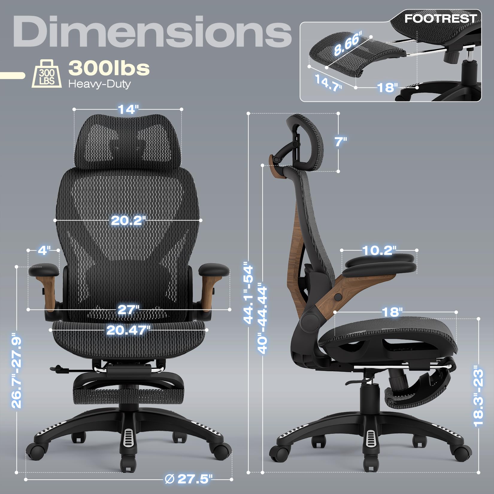 Ergonomic Office Chair with Footrest, Big and Tall Home Desk Chair with 5D Flip-Up Arms, Adjustable 3D Lumbar Support,High Back Rolling Computer Chair, Swivel Mesh Chairs (Library Oak)