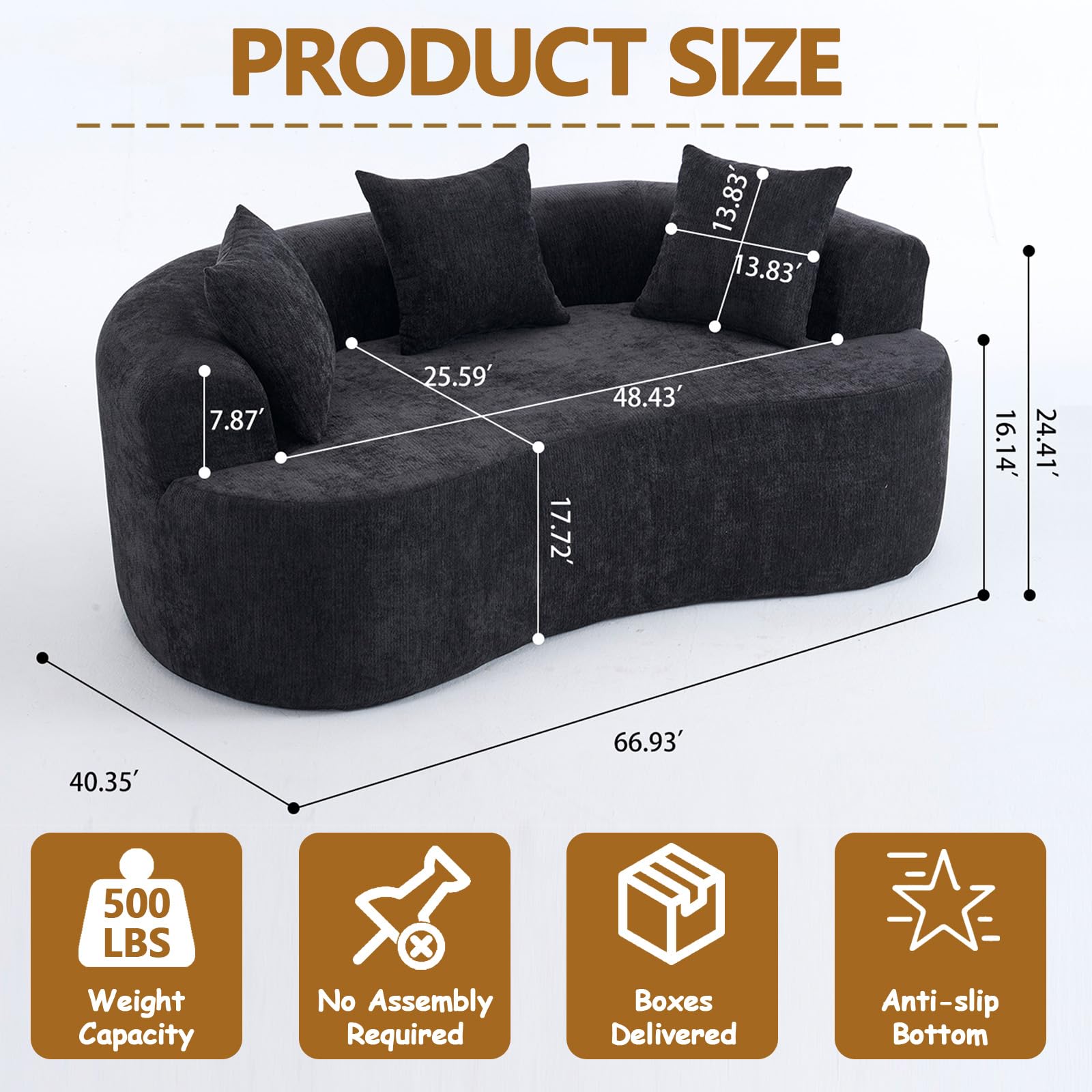 67" Curved Loveseat for Small Spaces, Black Curved Couches for Living room, Compression Sofa in a Box with 3 Pillows, Small Couch for Bedroom with Wide Armrest & Memory Foam, No Assembly Required
