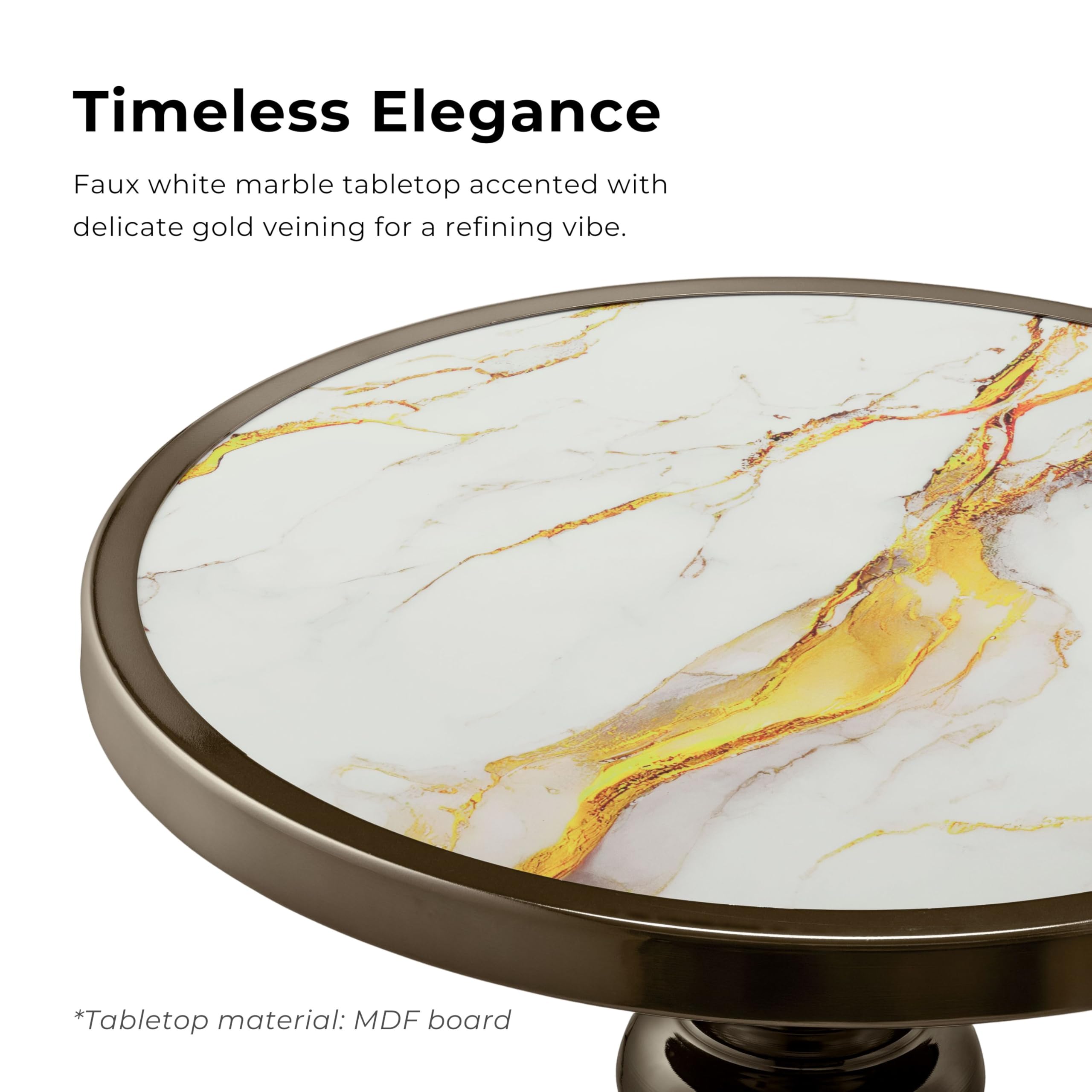 Modern 24" Tall Round End Table with Decorated Tabletop and Iron Metal Base, Accent Furniture, Elegant Pedestal Stand for Living Room, Home Office, Antique Brass