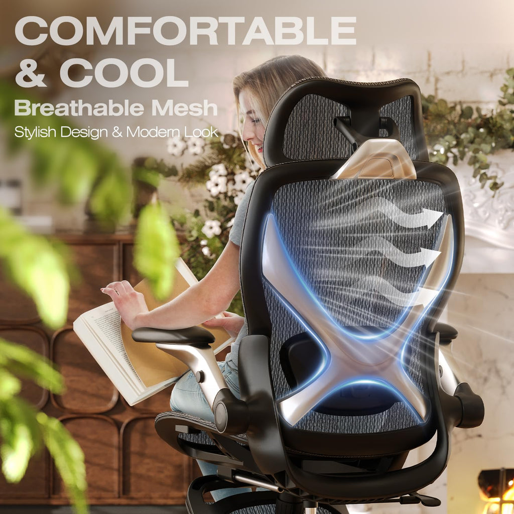 Ergonomic Mesh Office Chair with Footrest, Big and Tall Hone Desk Chair with 5D Flip-Up Arms, Adjustable 3D Lumbar Support,Gaming & Executive Computer Chairs