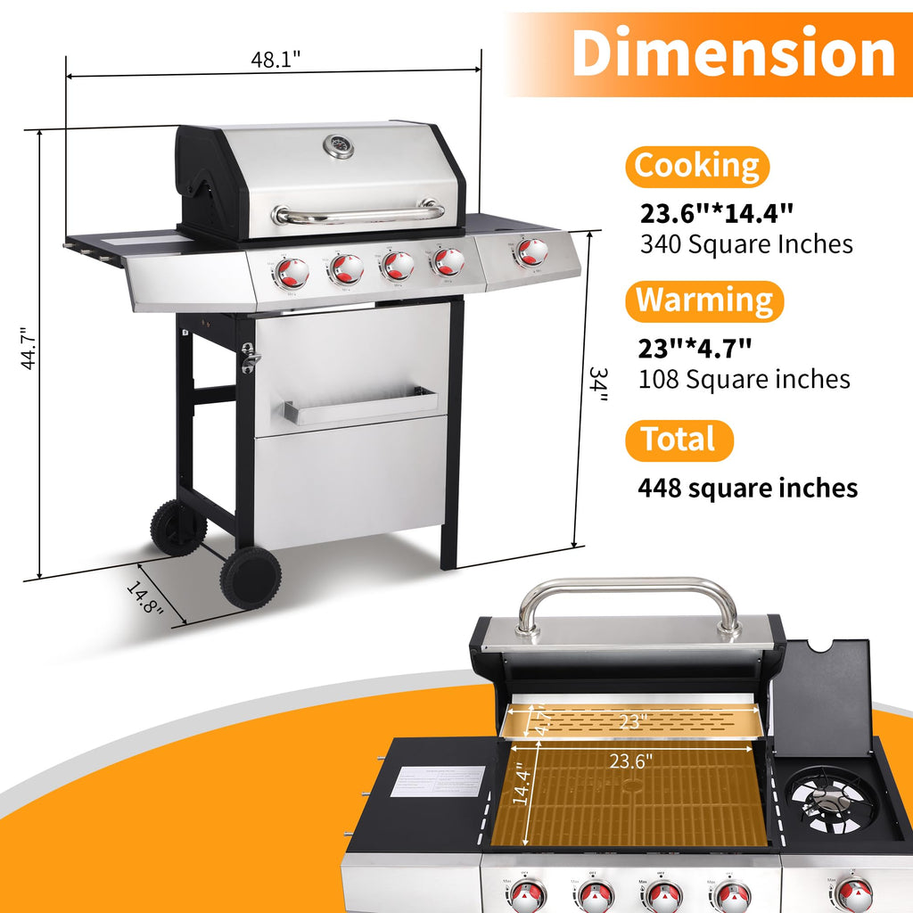4 Burner Propane Gas Grill Combo w/Side Burner, 3-in-1 BBQ Grill with Charcoal Smoker & Griddle Plate, 46,750 BTU, 448 Sq.In. Stainless Steel Outdoor Cooking Station